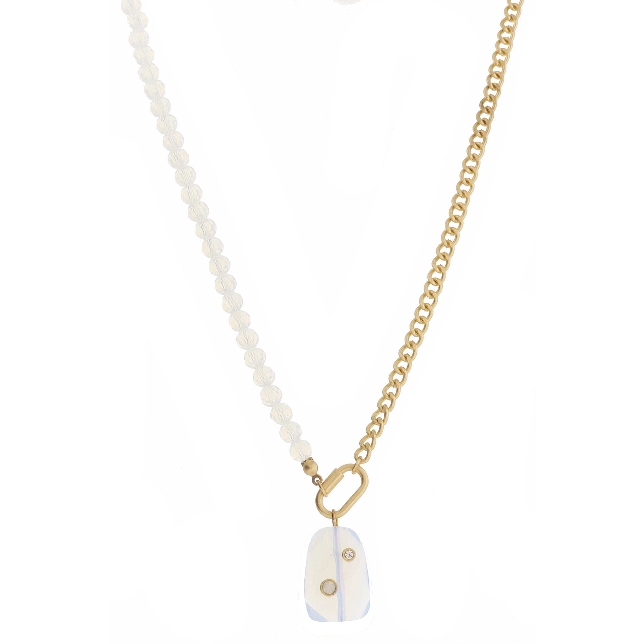 Gold Carabiner and Faceted Opalite Stone with Mini Crystal and Moonstone, Necklace, .85" Penant