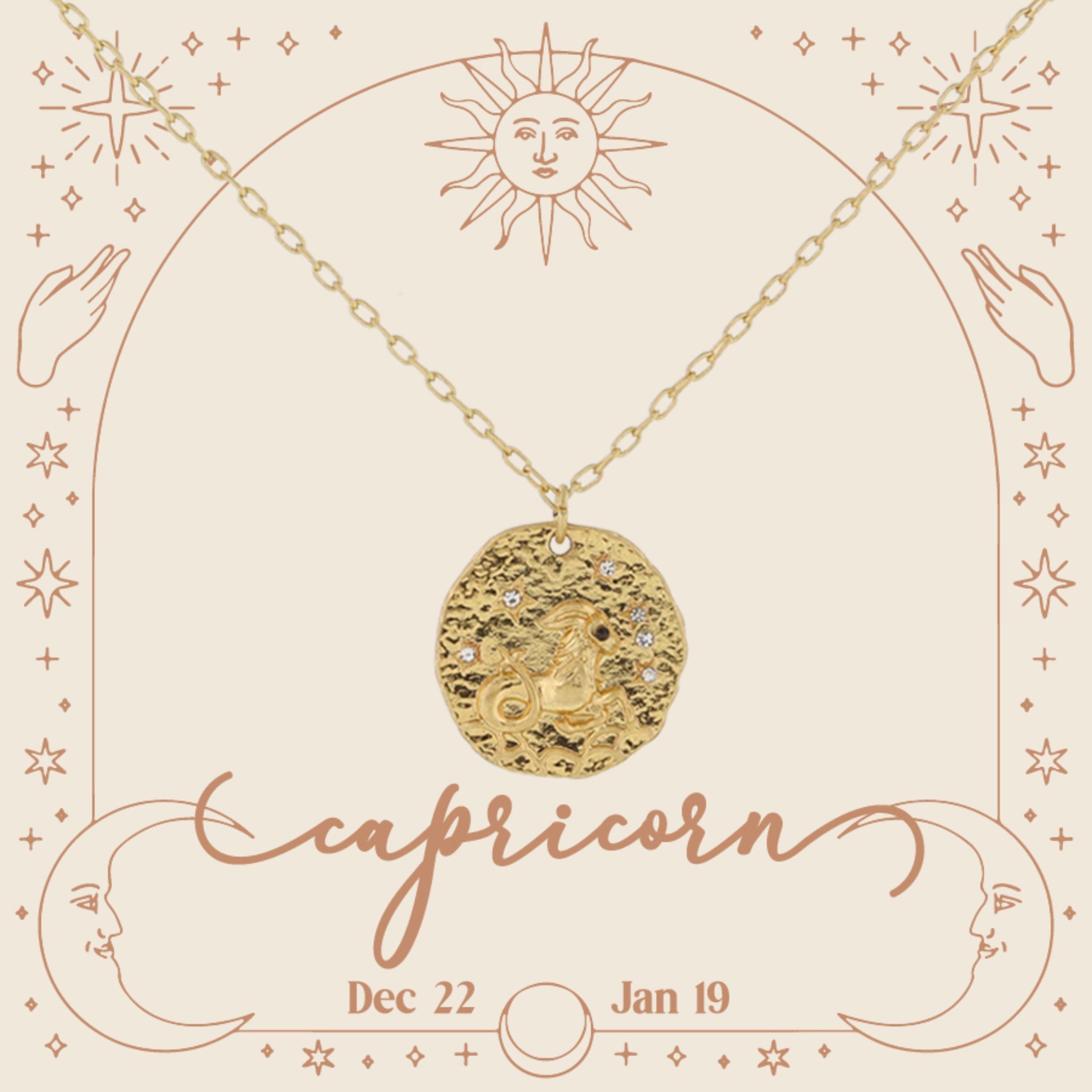 Gold Capricorn Zodiac Disc with Mini Crystal Star Accents Necklace, .75" Pendant