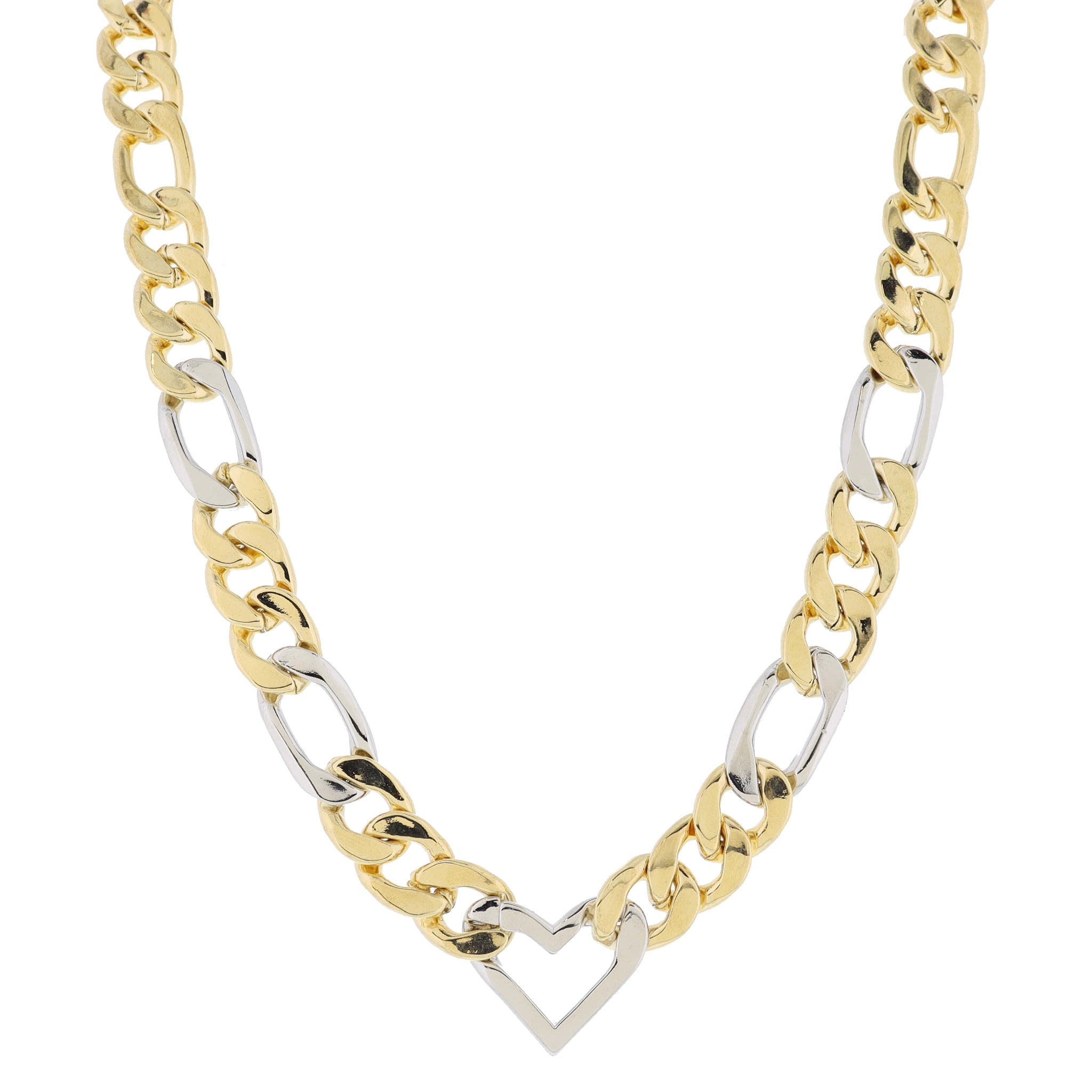 Chunky 2-Tone Figaro Chain with Silver Heart Link Necklace, .65" Pendant