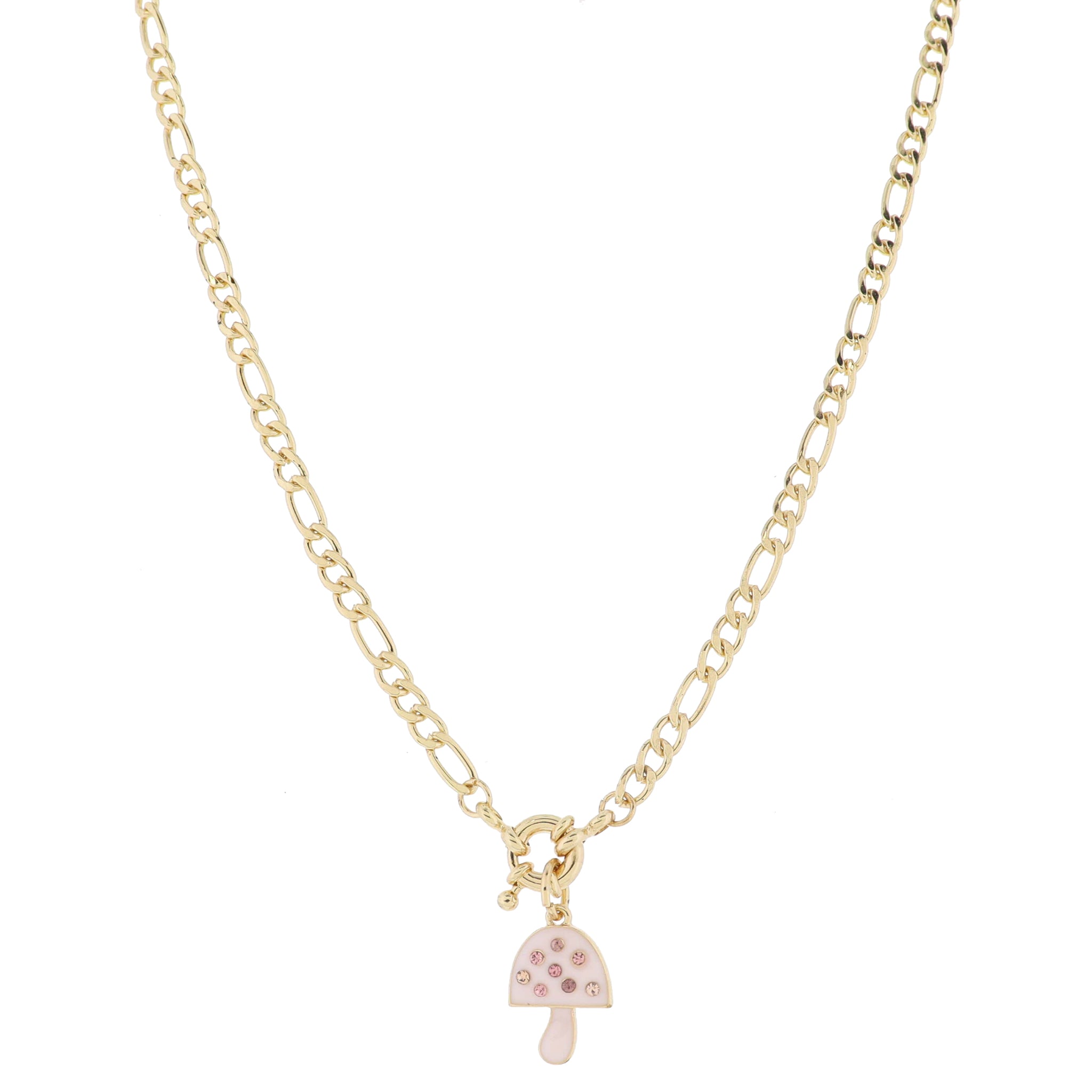 Gold Spring Ring and Light Pink Enamel Mushroom with Mini Multi Pink Crystals Necklace, .65"