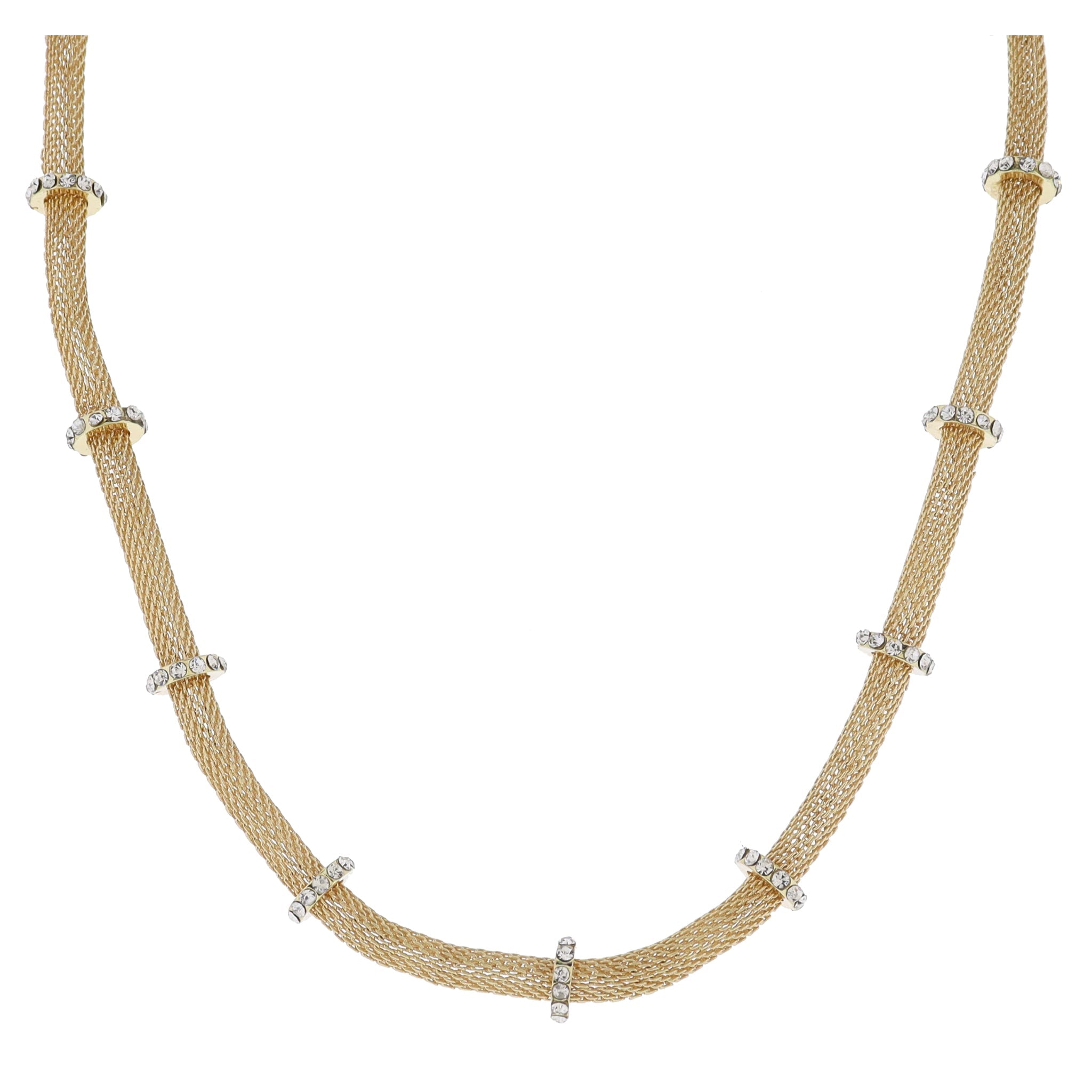 16" Gold Round Mesh Chain with Crystal Ring Stations Necklace, 3" Ext
