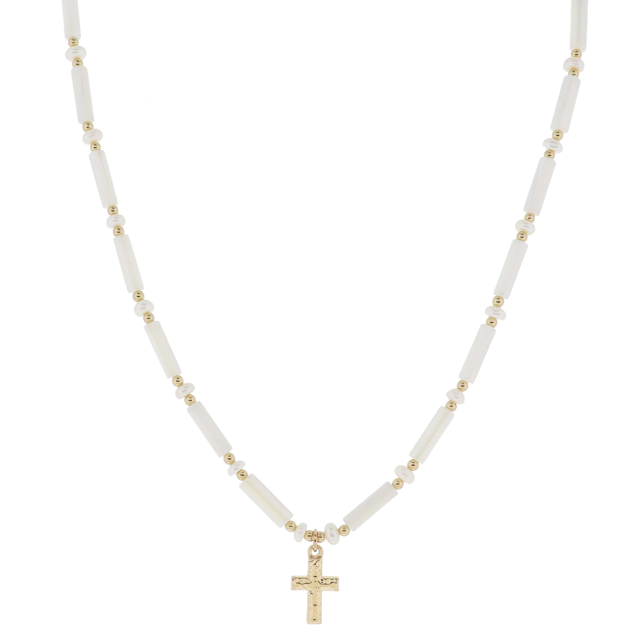 16" Iridescent Shell Cylinder Beads and Pearl Beads with Hammered Gold Cross Necklace, 3" Ext