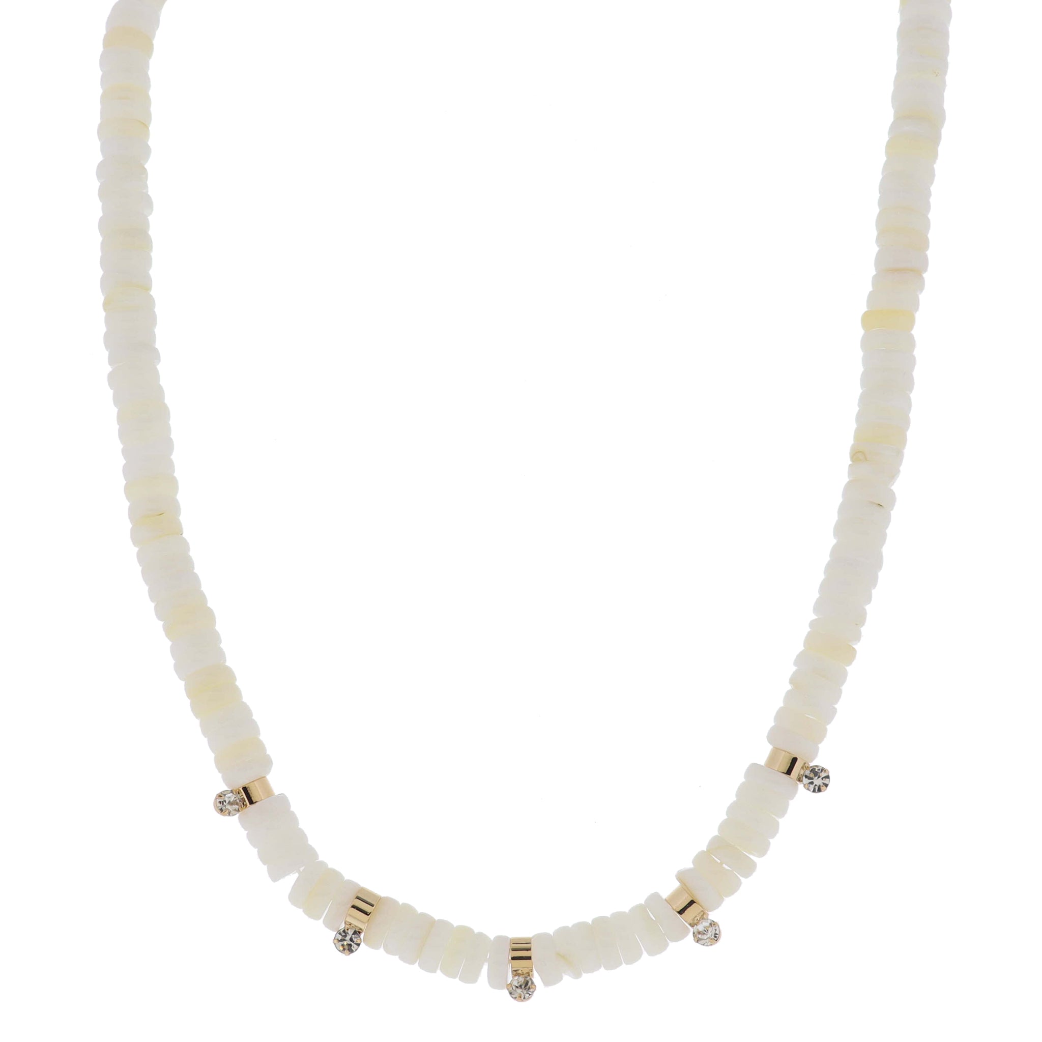 16" Ivory Semi-Precious Beaded with Gold Cylinder Disc Beads with Crystal Drops Necklace, 3" Ext