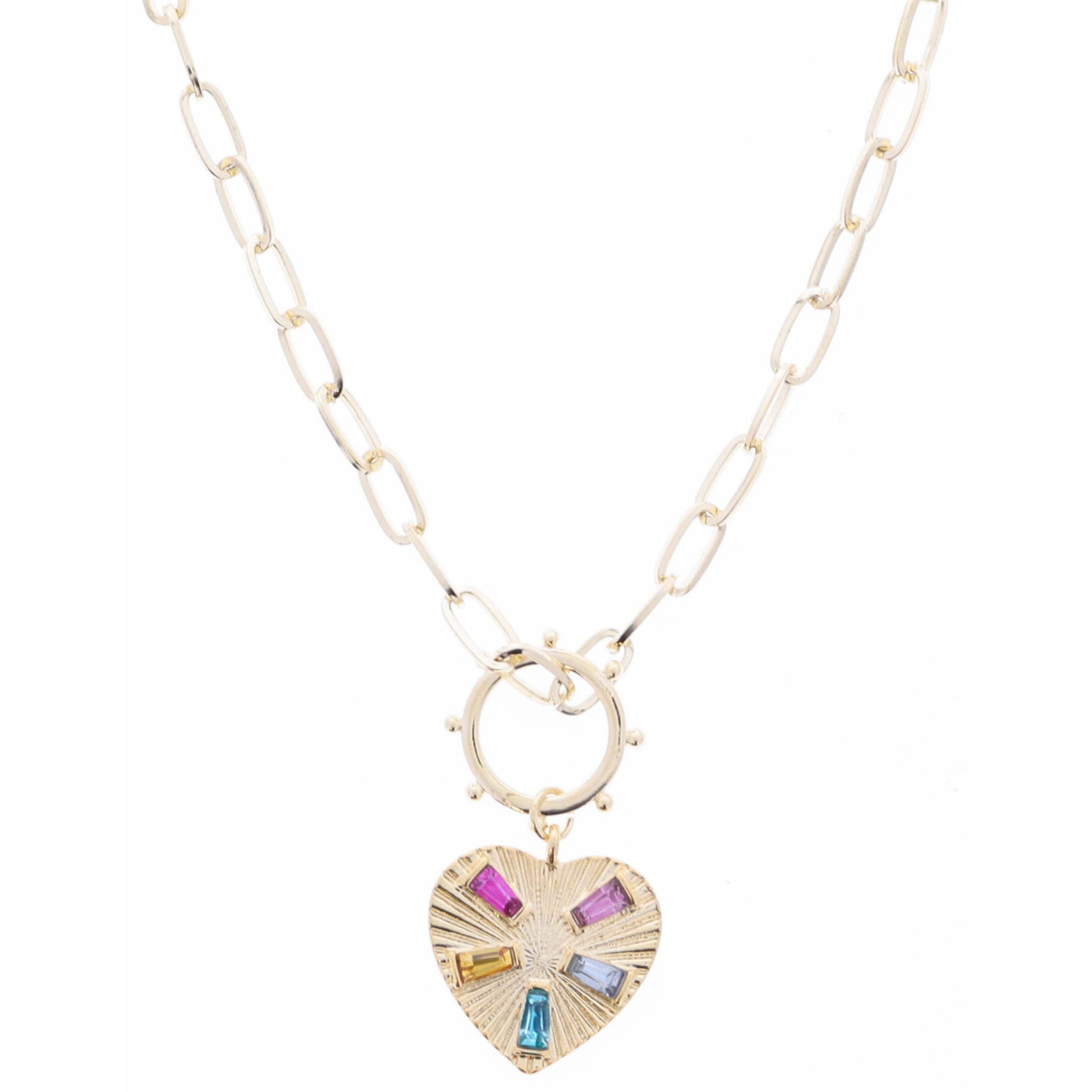 16" Gold Studded Ring and Starburst Textured Gold Heart with Multi Crystal Accents Necklace