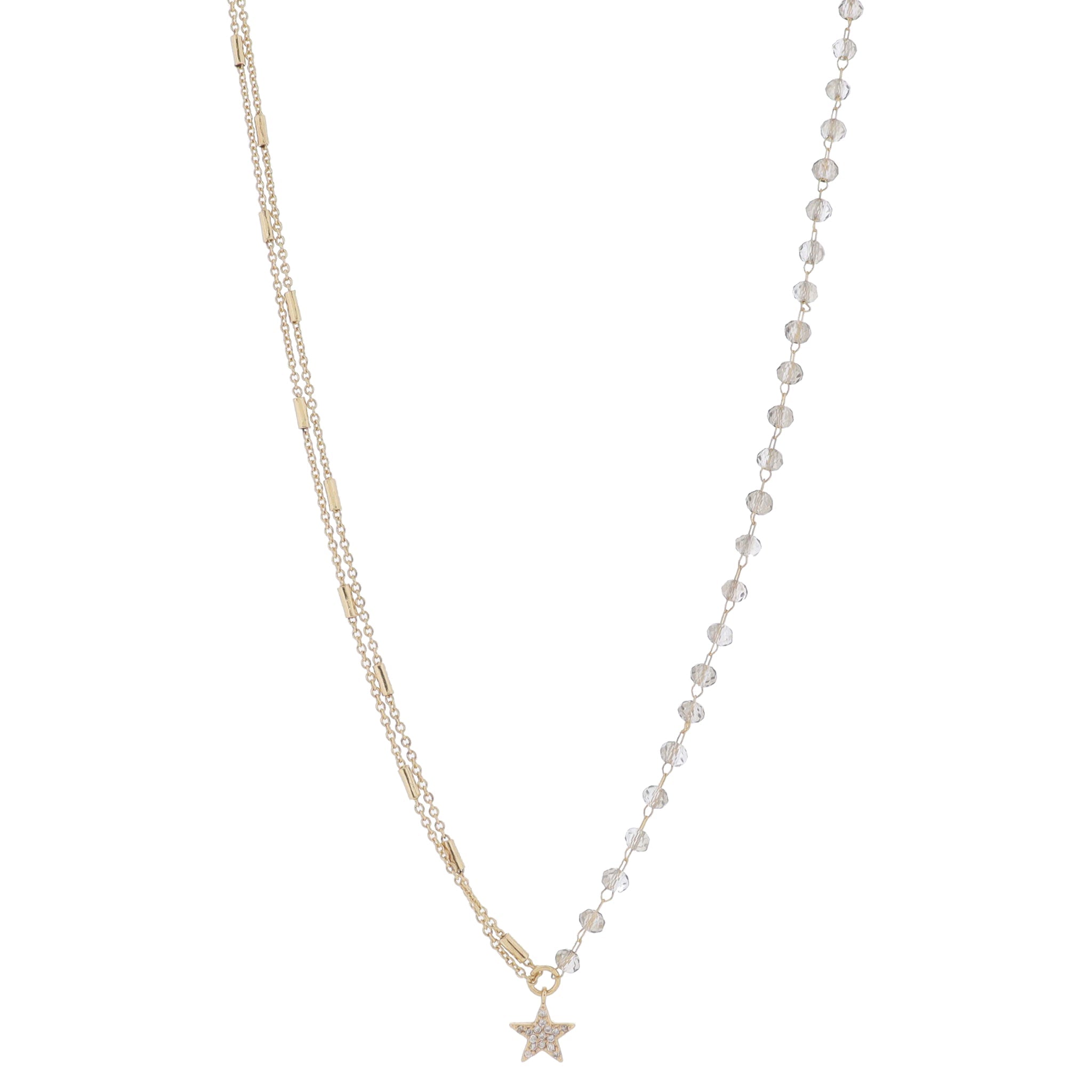 16" Half Double Gold Satellite Bar Chains, Half Smokey Beaded Link Chain & Star Necklace, 3" Ext