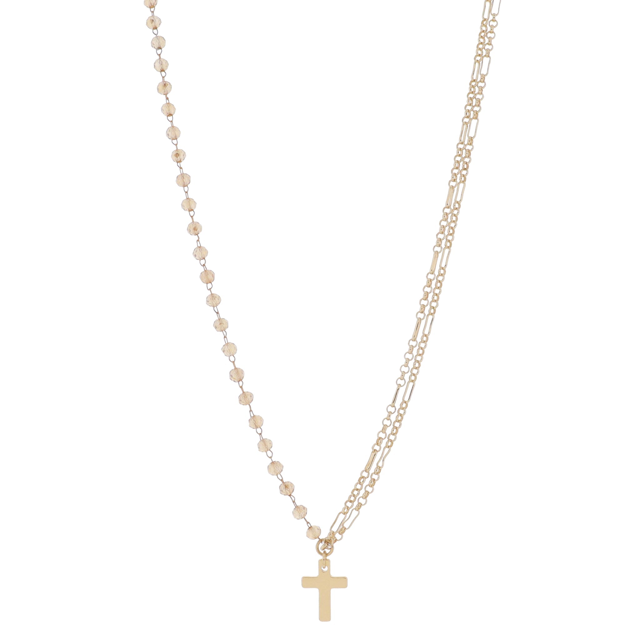 16" Half Double Gold Long & Short Chains, Half Topaz Beaded Link Chain with Cross Necklace, 3" Ext