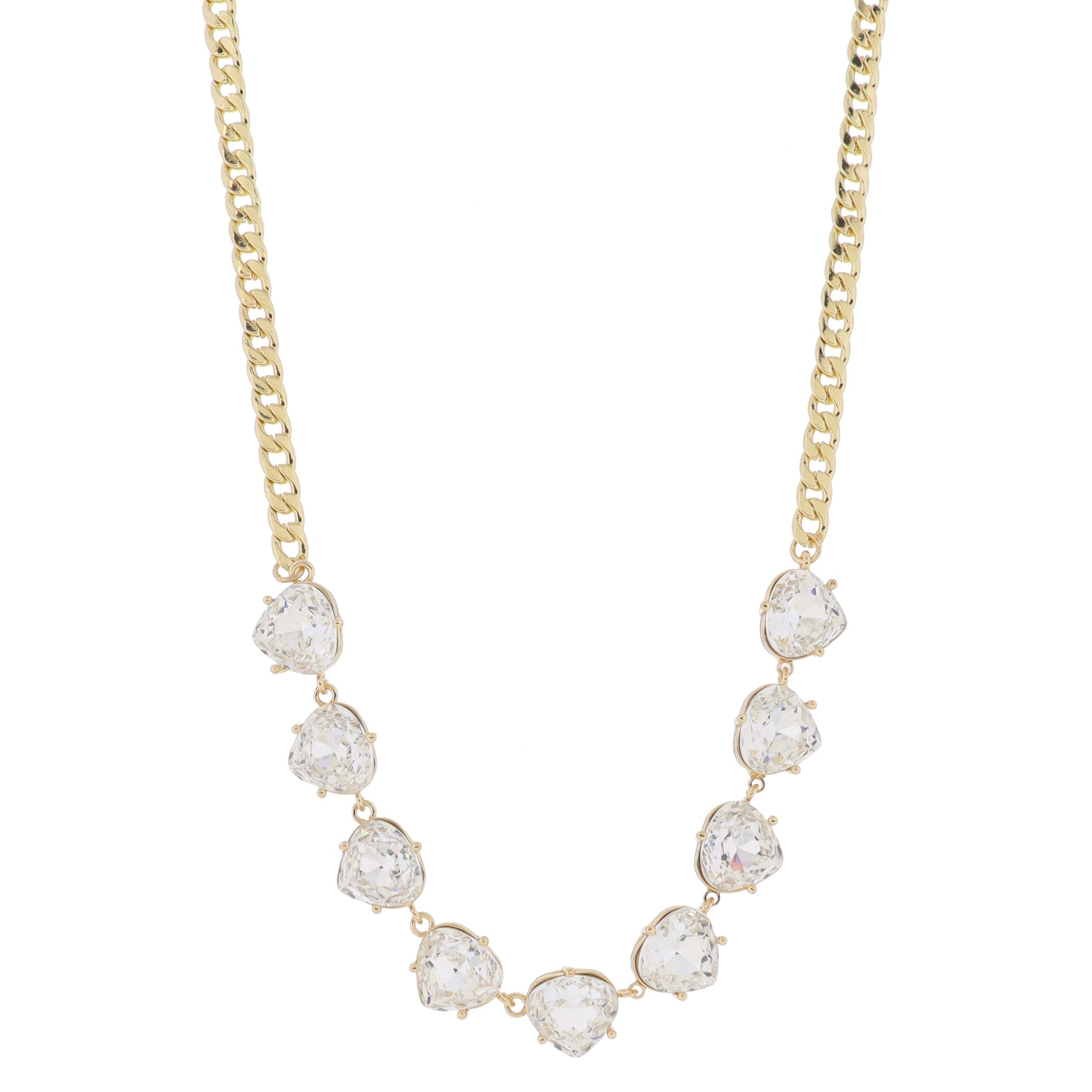 15" Clear Crystal Portion on Gold Curb Chain Necklace, 3" Ext