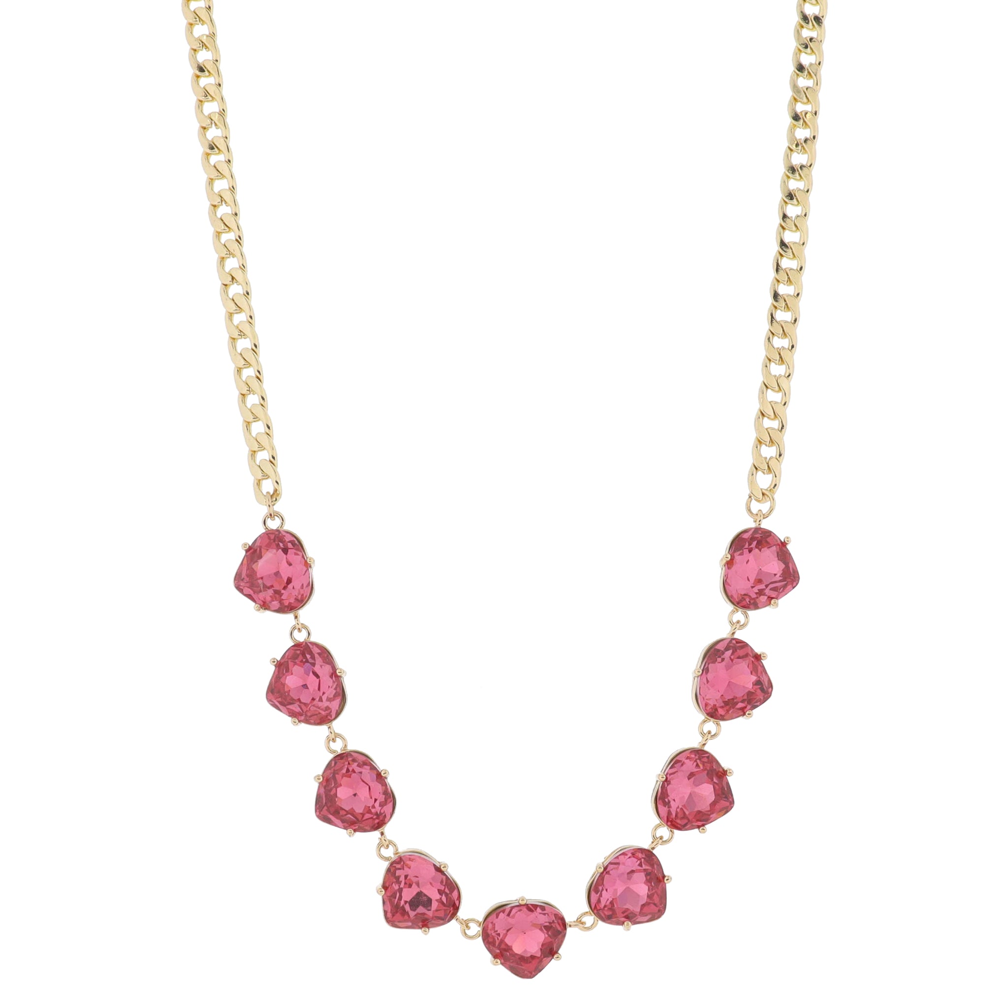 15" Coral Pink Crystal Portion on Gold Curb Chain Necklace, 3" Ext