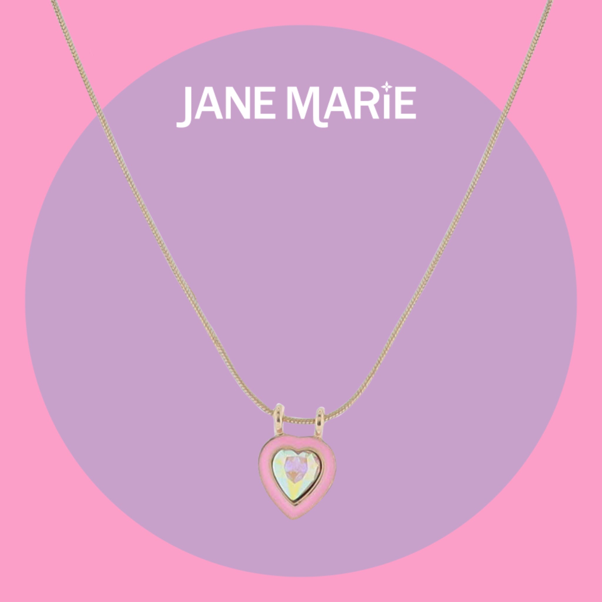 16" Gold Snake Chain Necklace with Pink Enamel Heart & AB Crystal Heart Pendant