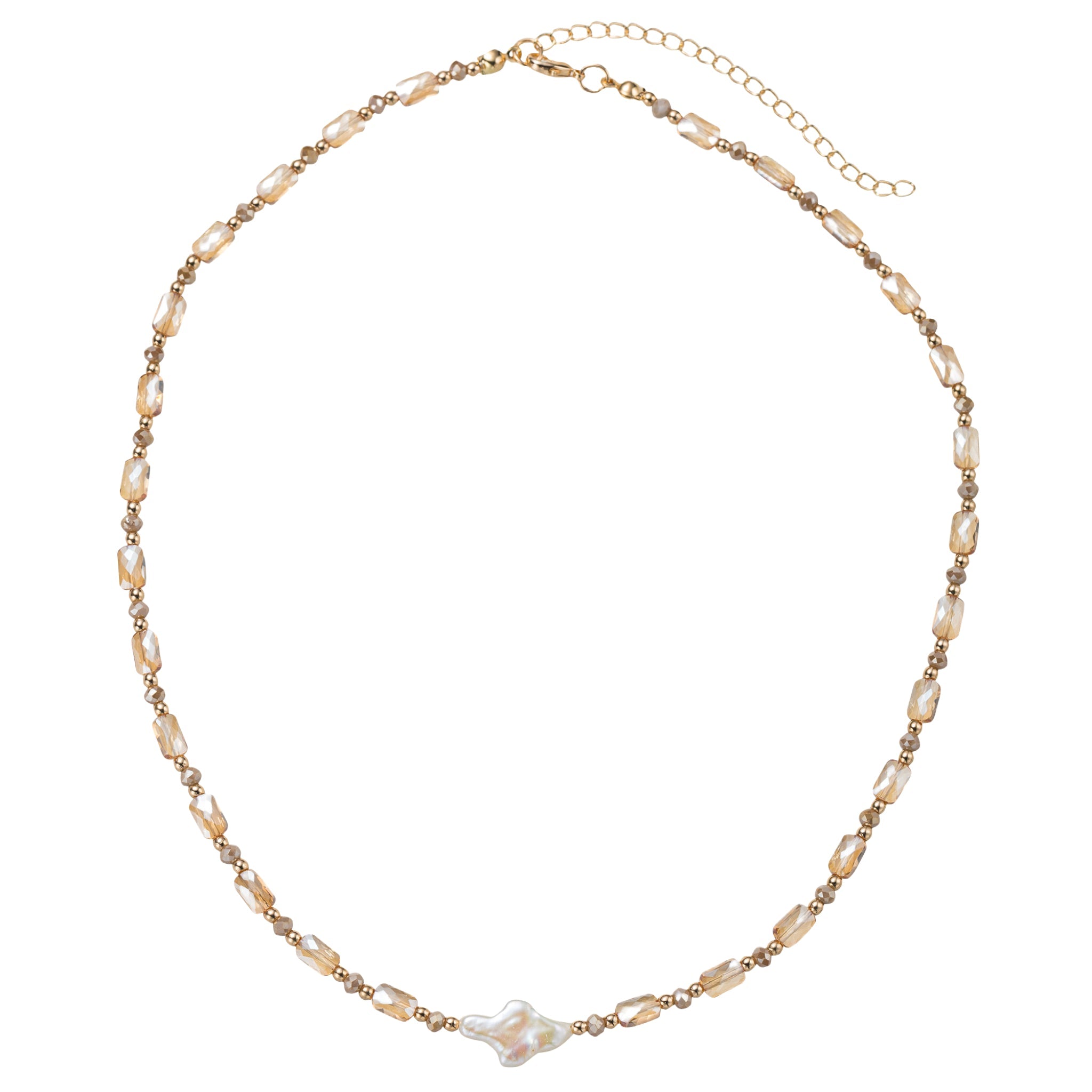 Champagne, Greige, Gold Beaded Necklace with Pearl Cross