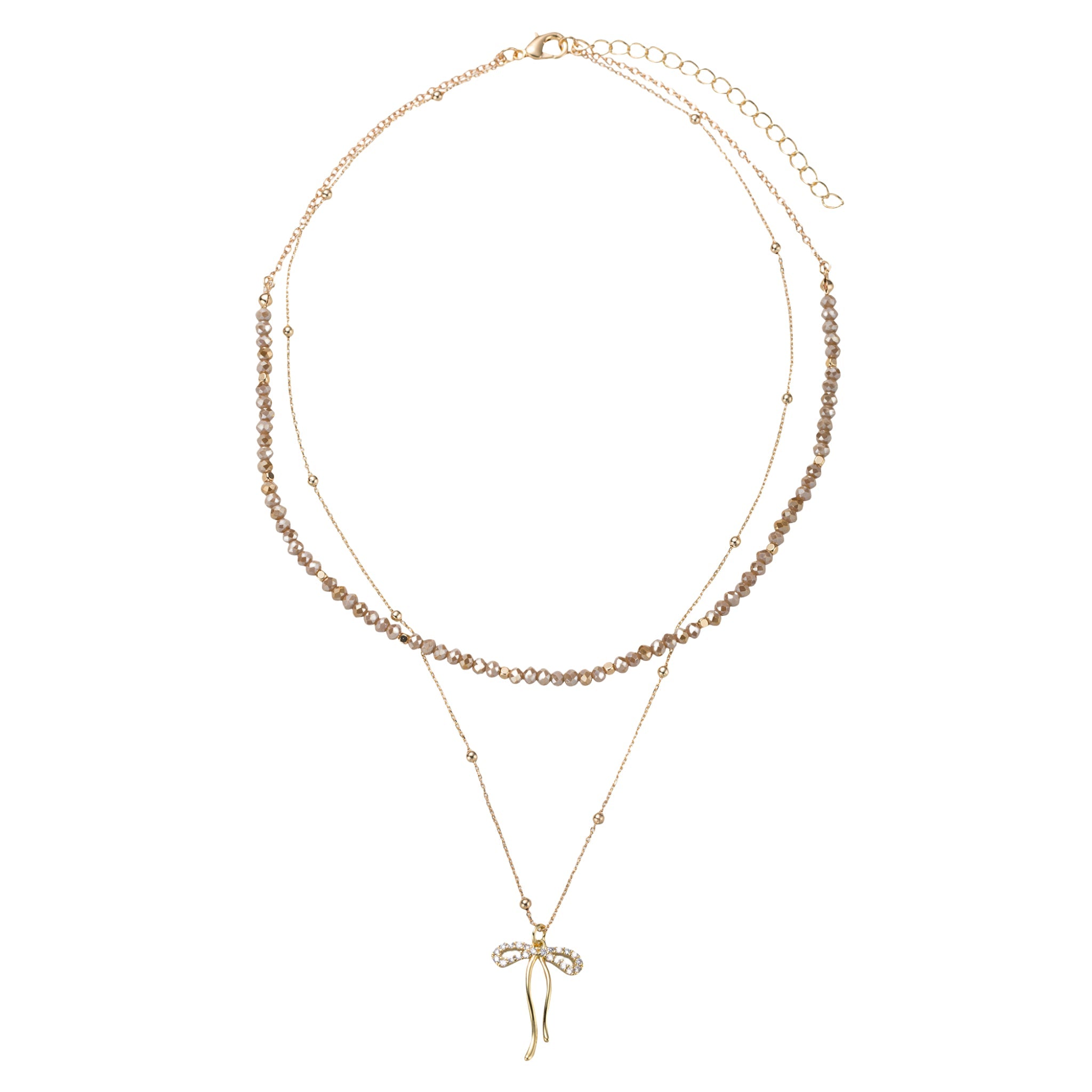 Greige, Gold Beaded 2 Layer Necklace with Gold Bow