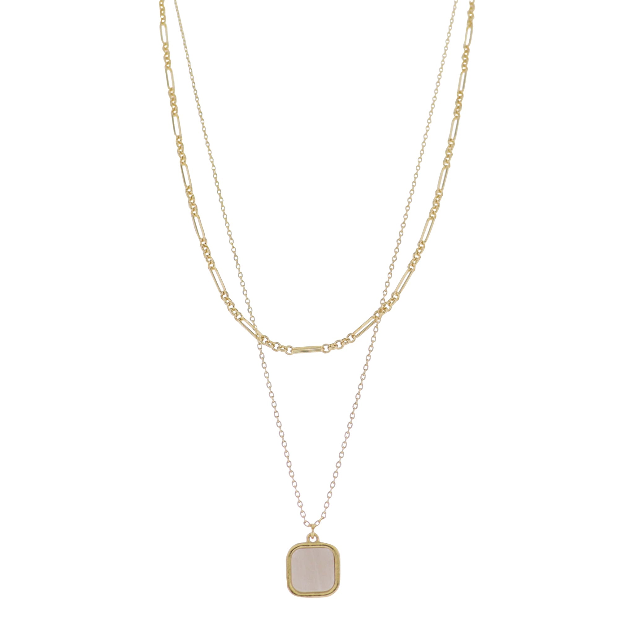 18K Gold Plated 2 Layer Oval, Round Link, Cable Chain Necklace with White Sqaure Stone