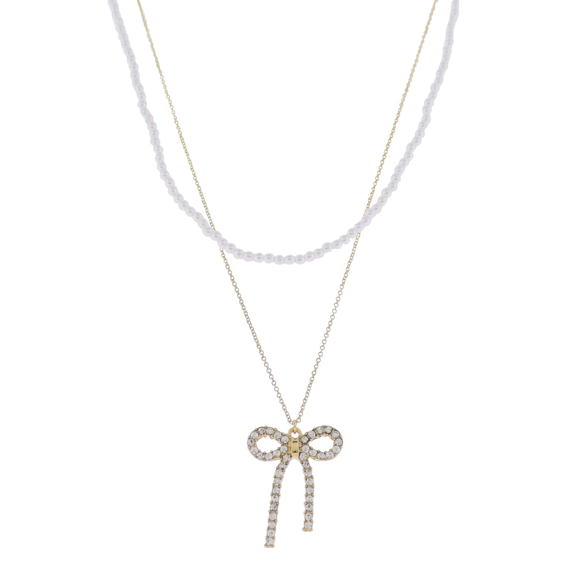 18K Gold Plated 2 Layer Pearl & O-Shape Chain Necklace with Clear Crystal Bow