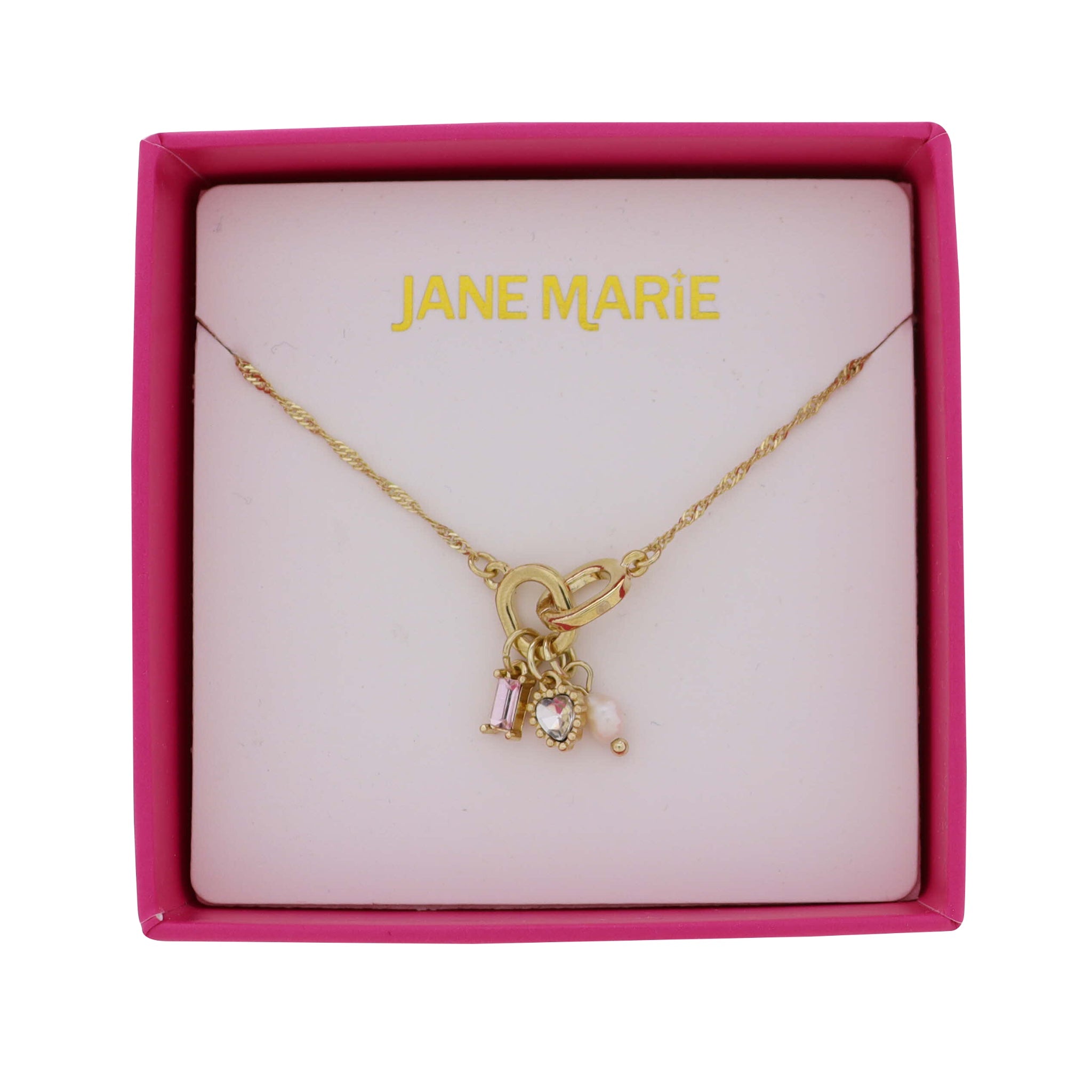 Gold Figaro Chain Necklace with Pink & Black Diamond Crystal, Heart, Pearl