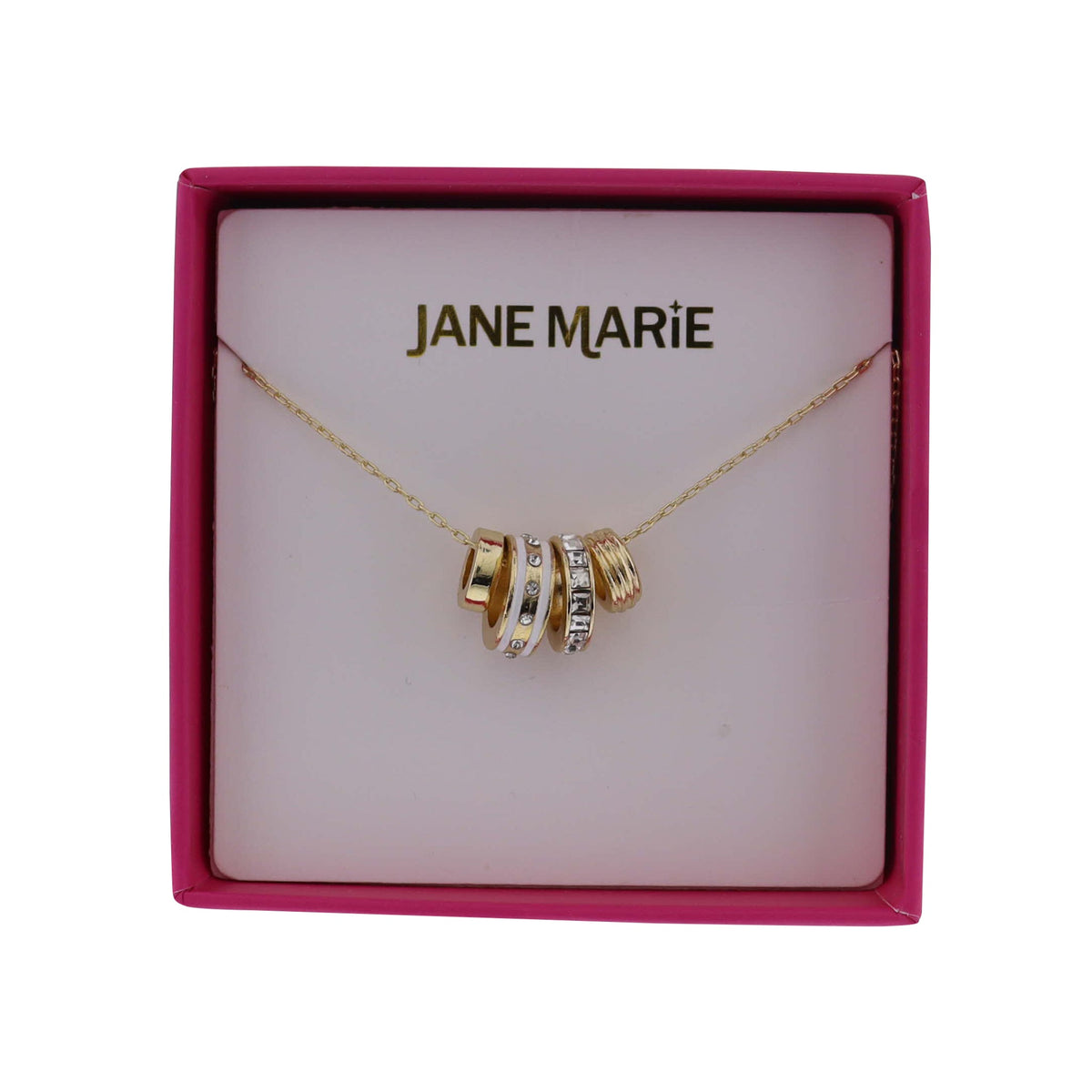 Gold Cable Chain Necklace with Clear Crystal & White Enamel Rondelles