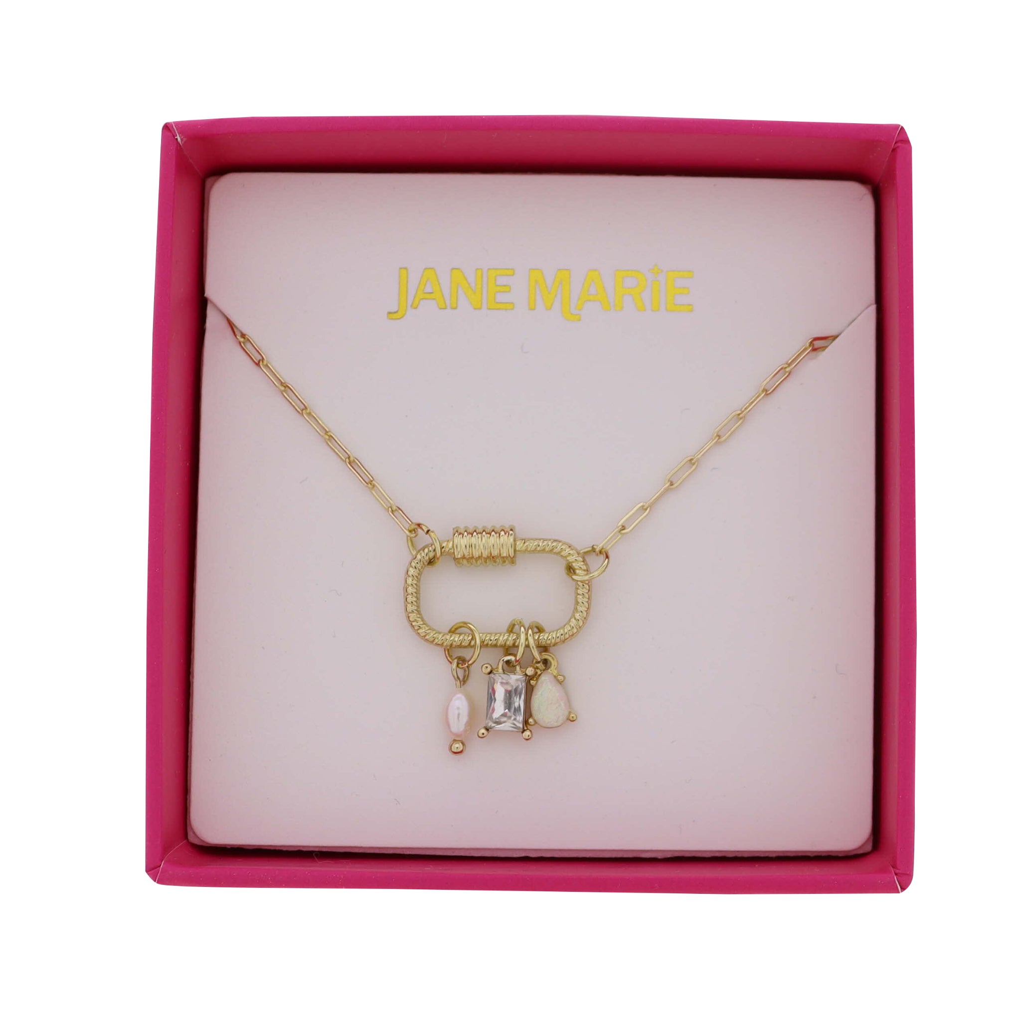 Gold Paperclip Chain Necklace with Carabiner with Pearl, Clear, Opal Charms