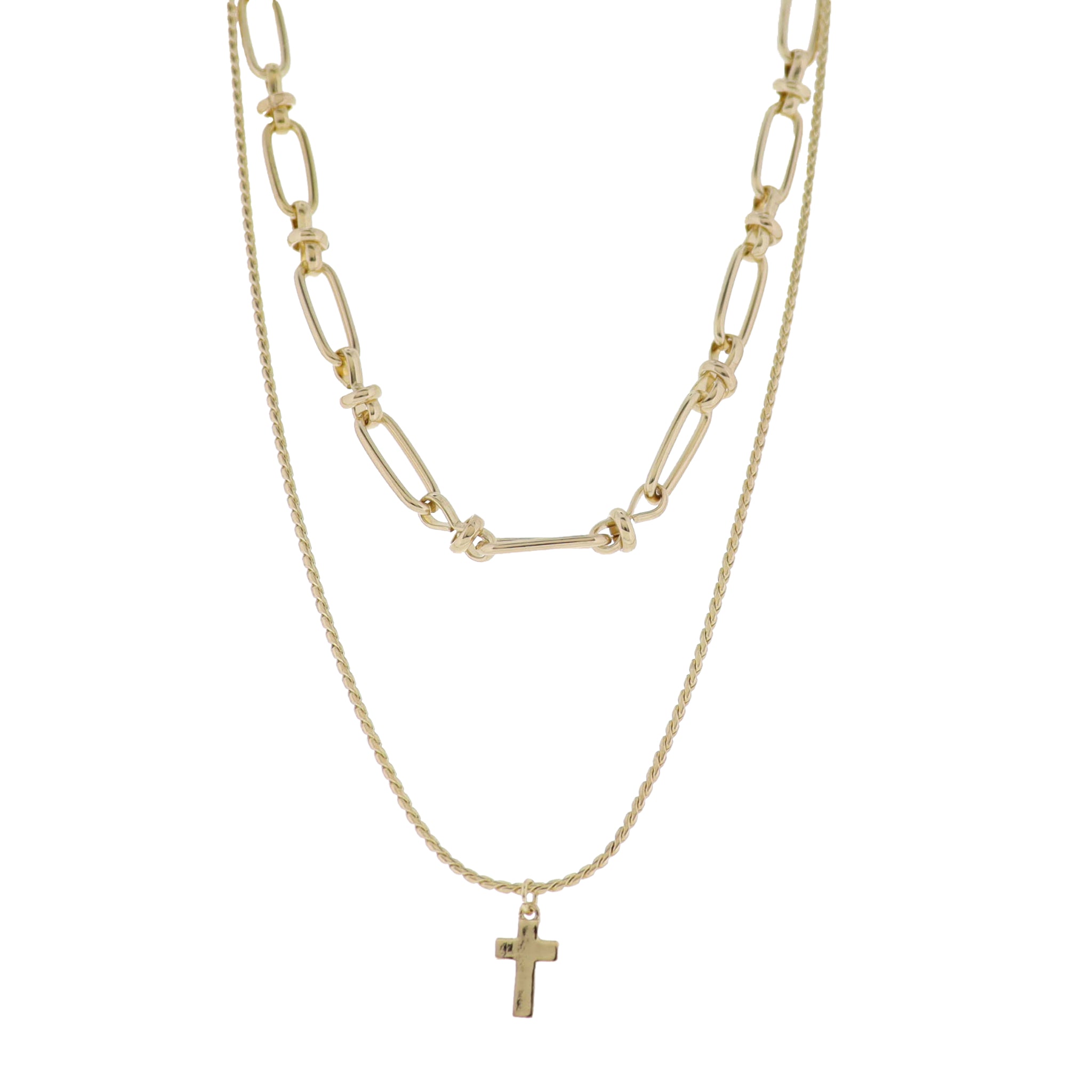 Gold 2 Layer Link, Twisted Chain Chain Necklace with Gold Cross - Charming Charlie