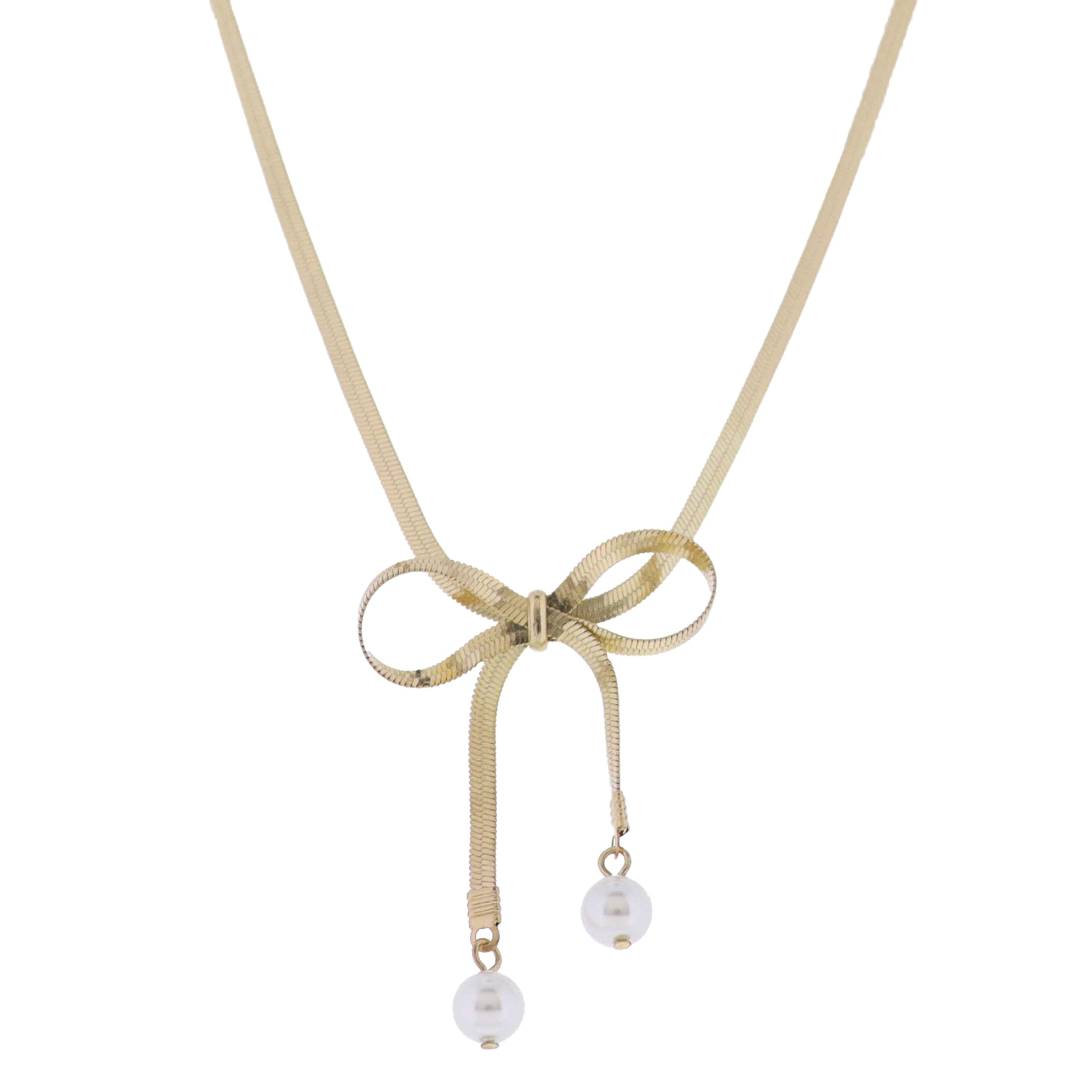 Gold Snake Chain Necklace with Gold Bow with Pearl Ends - Charming Charlie