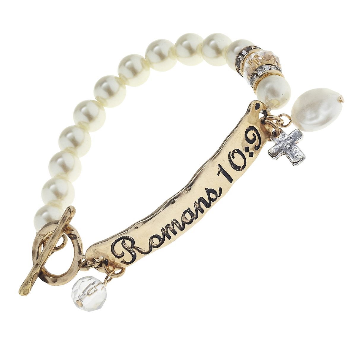 ANT. GOLD PHRASE PLATE ON IVORY PEARL STRETCH TOGGLE BRACELET ROMANS 10:9 - Charming Charlie