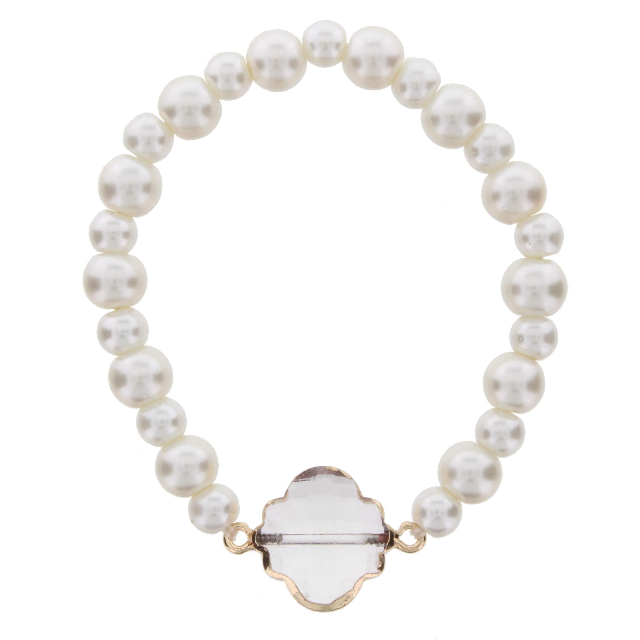 Pearl Beaded Stretch Bracelet with Crystal Ornate