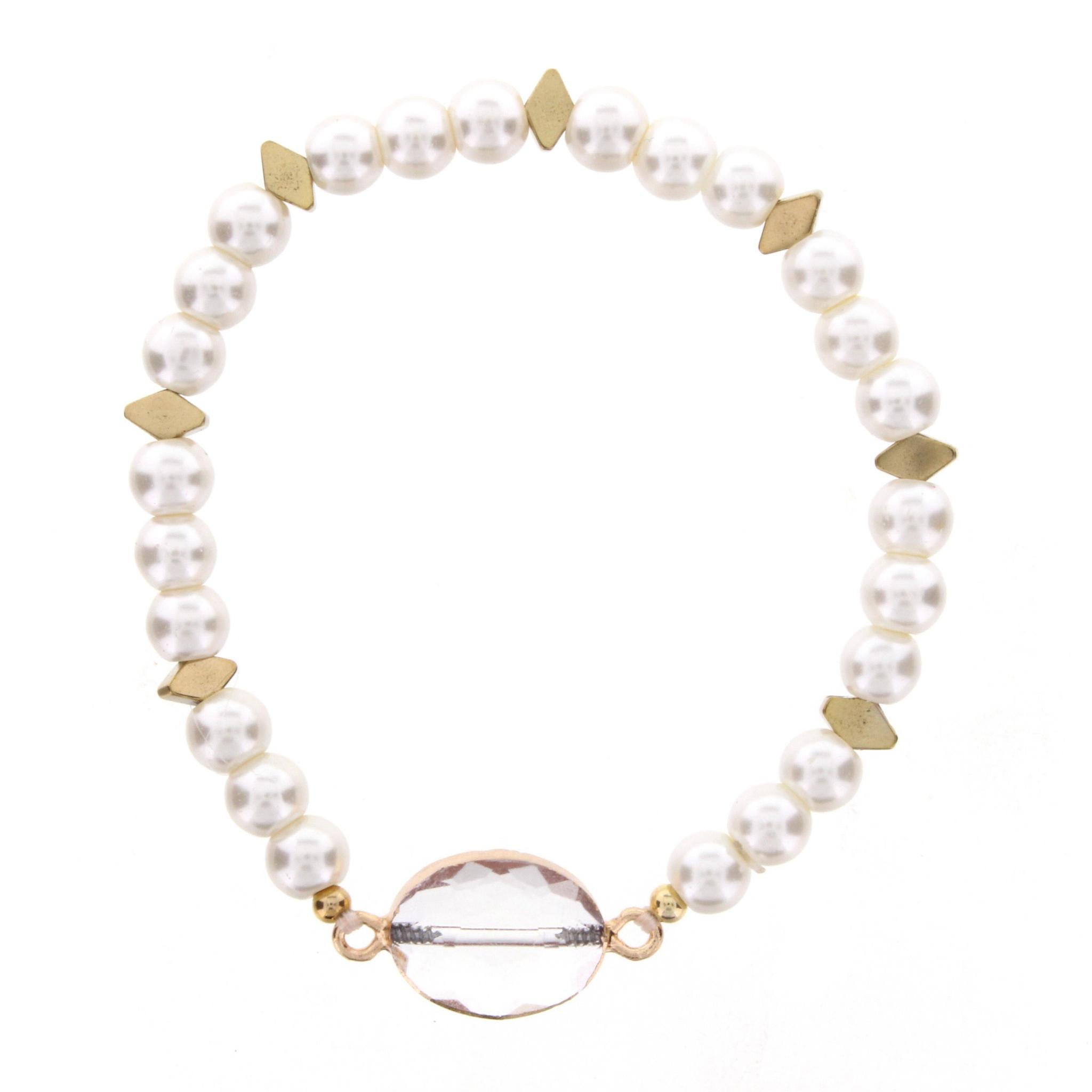 Pearl Beaded Stretch Bracelet with Crystal Oval