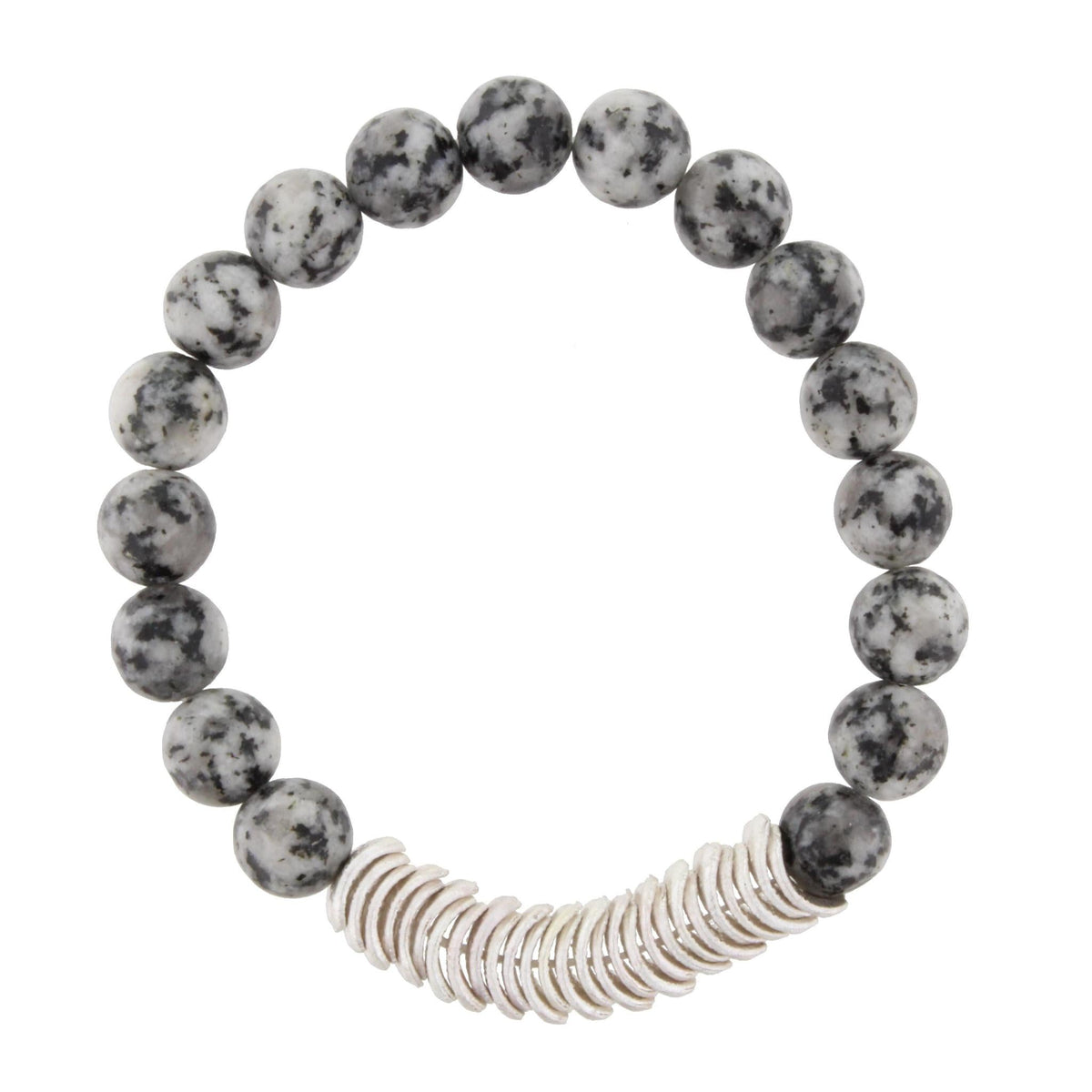 Snowflake Beaded Stretch Bracelet with Silver Wavy Disk Spacers