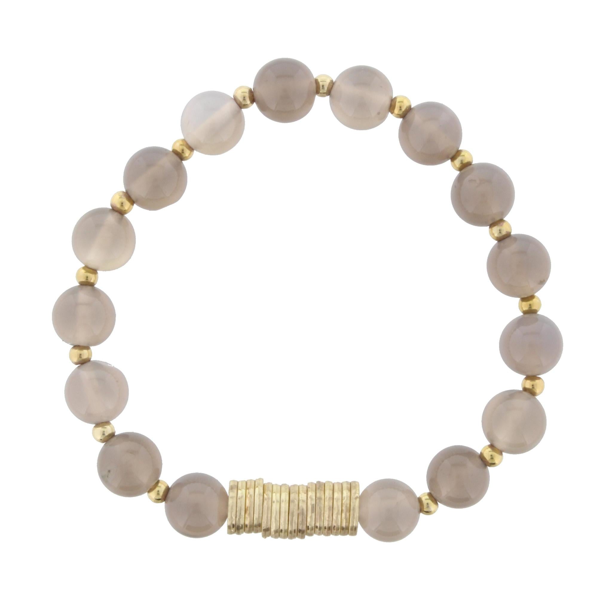 Grey Beaded Stretch Bracelet with Gold Disks