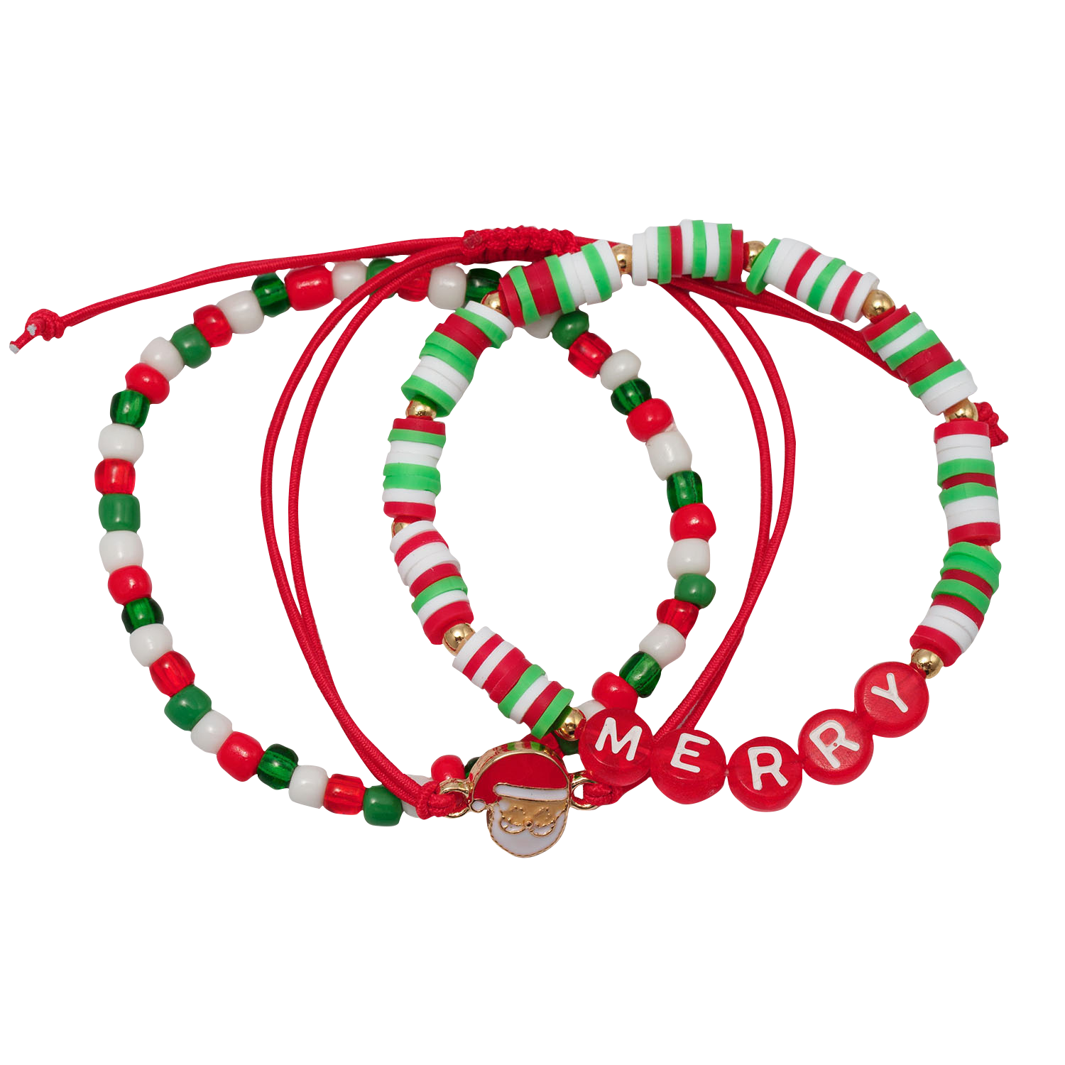 Kids Red, White, Green Rubber Disk, Beaded, Rope Stretch, Pulley Bracelet with "Merry" & Red Santa - Charming Charlie