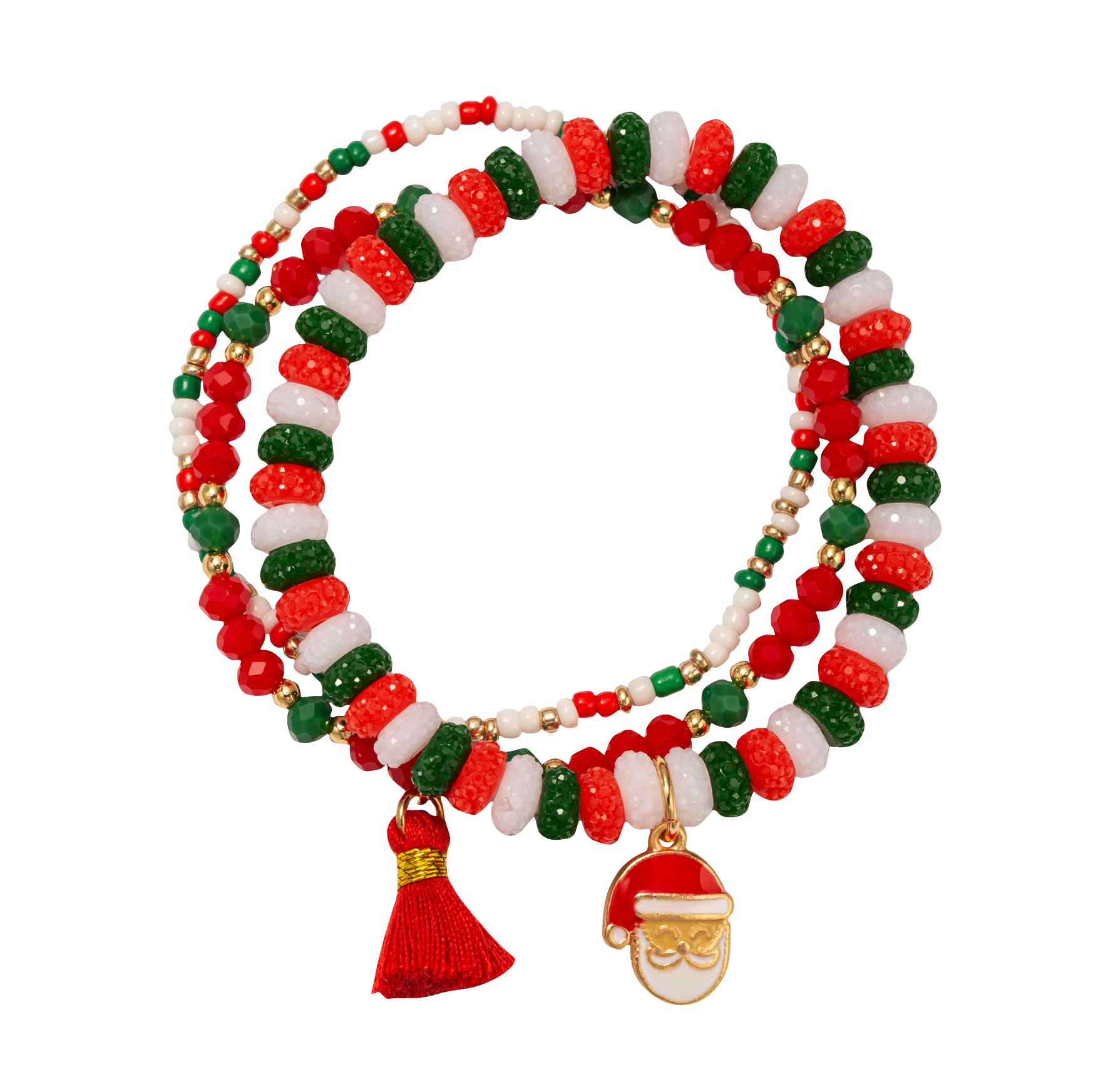 Kids Red, White, Green Beaded Stretch Bracelet with Red Santa - Charming Charlie