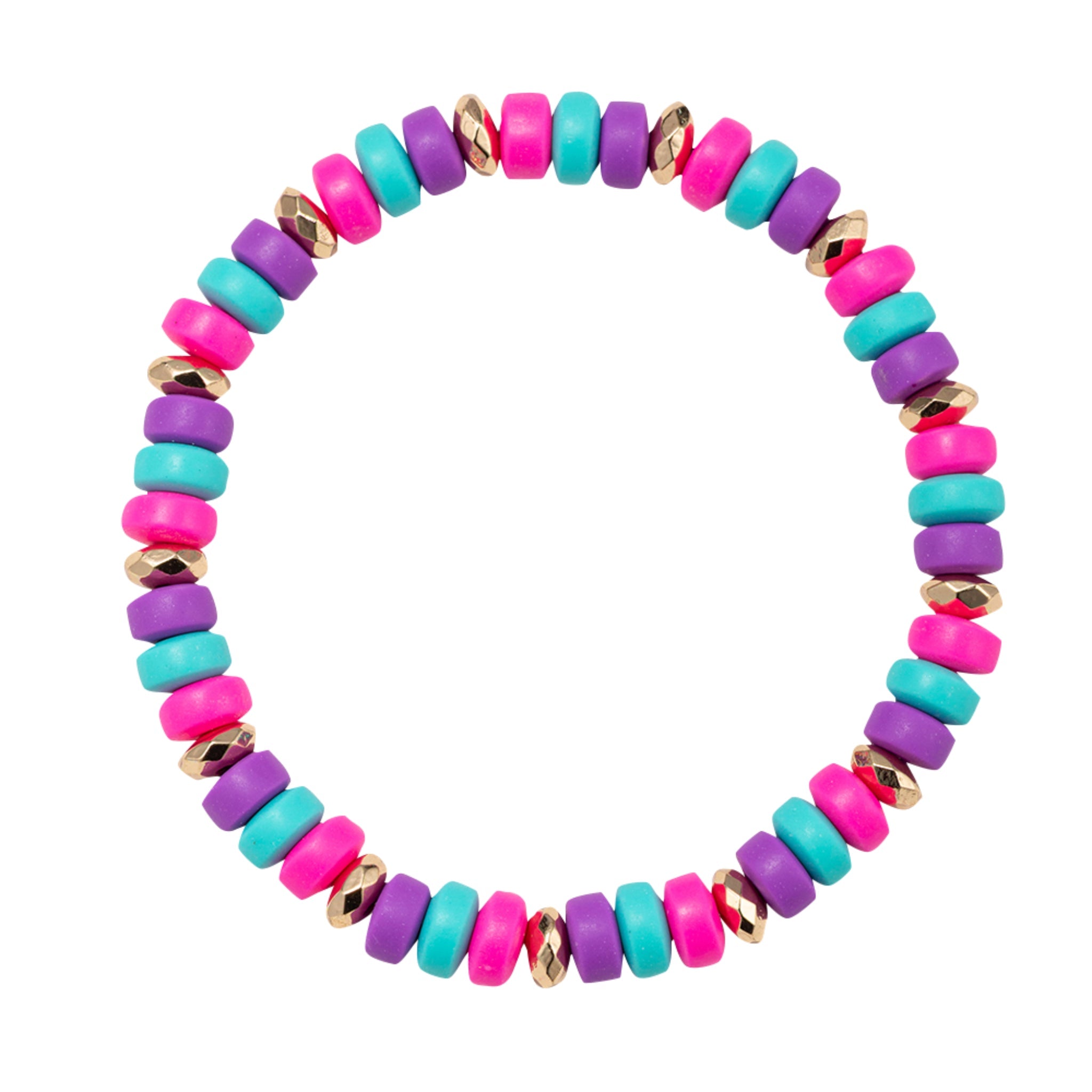 Purple, Tq, Pink Rondelle Beaded Stretch Bracelet with Gold Spacers
