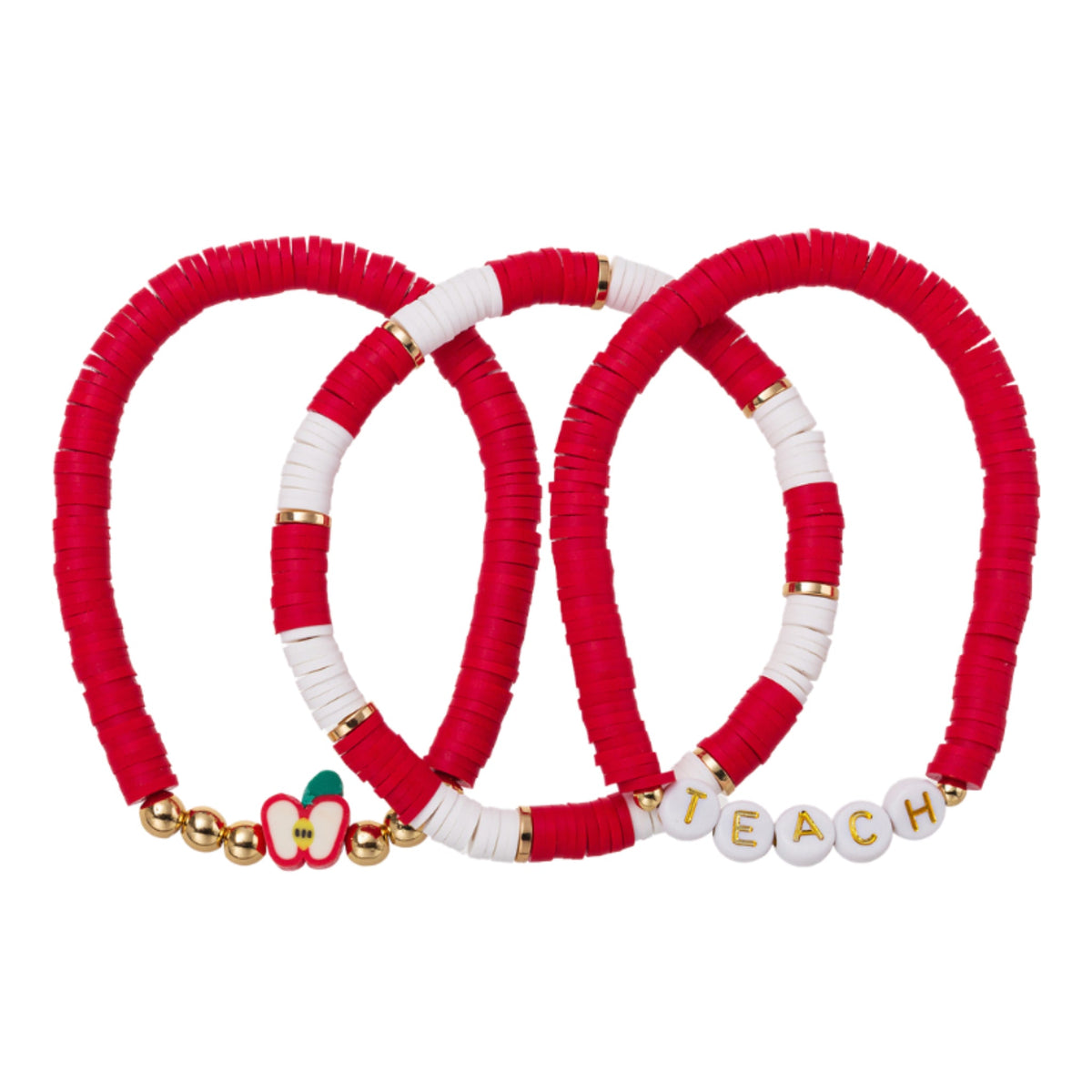 Set of 3, Red, White Rubber Disk Beaded Stretch Bracelet with Apple & "Teach"