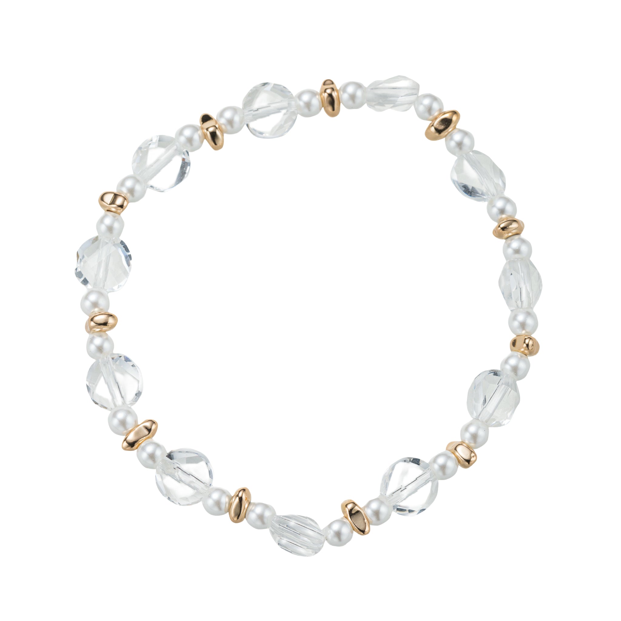 Clear, Pearl, Gold Circle Beaded Stretch Bracelet