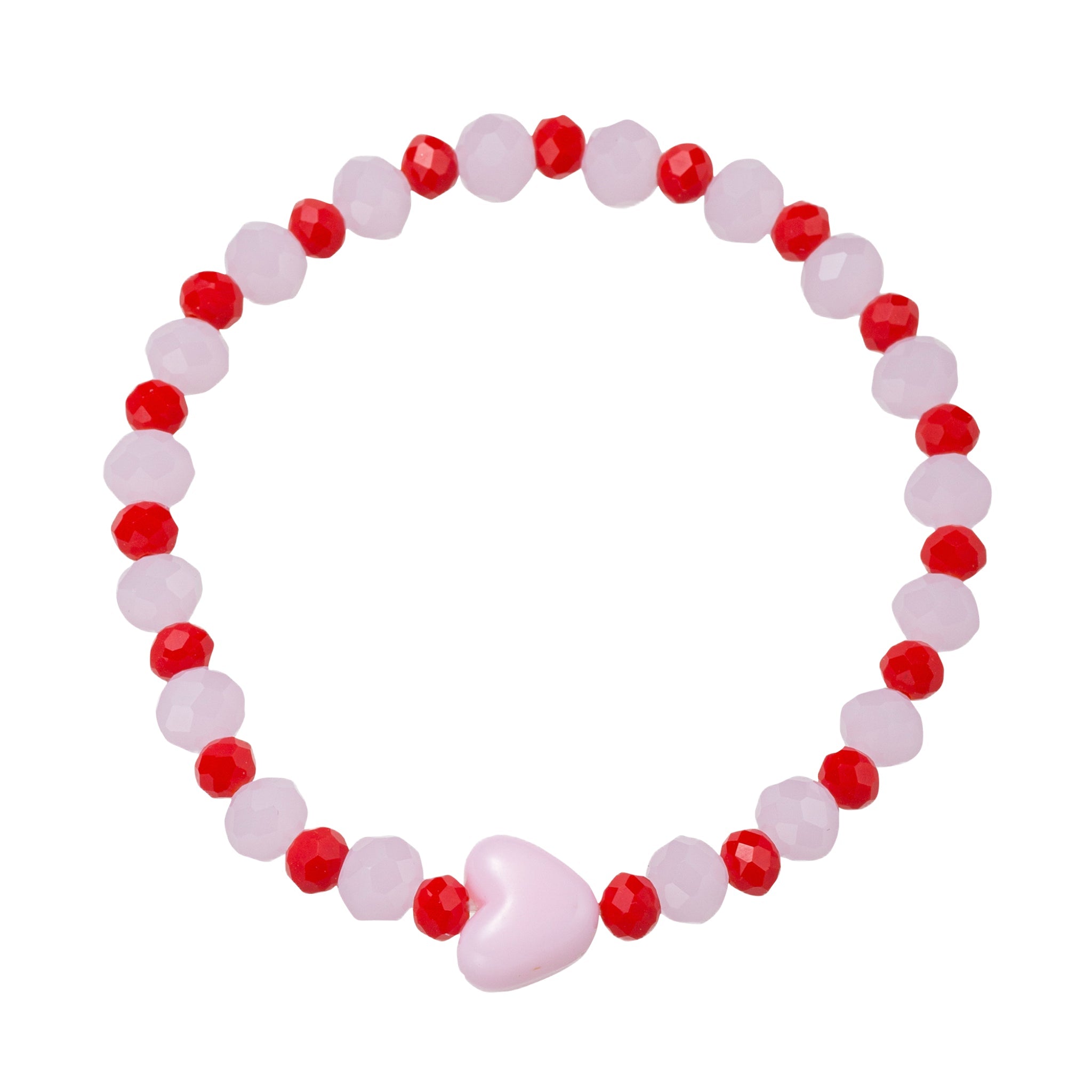 Light Pink, Red Faceted Beaded Stretch Bracelet with Pink Heart