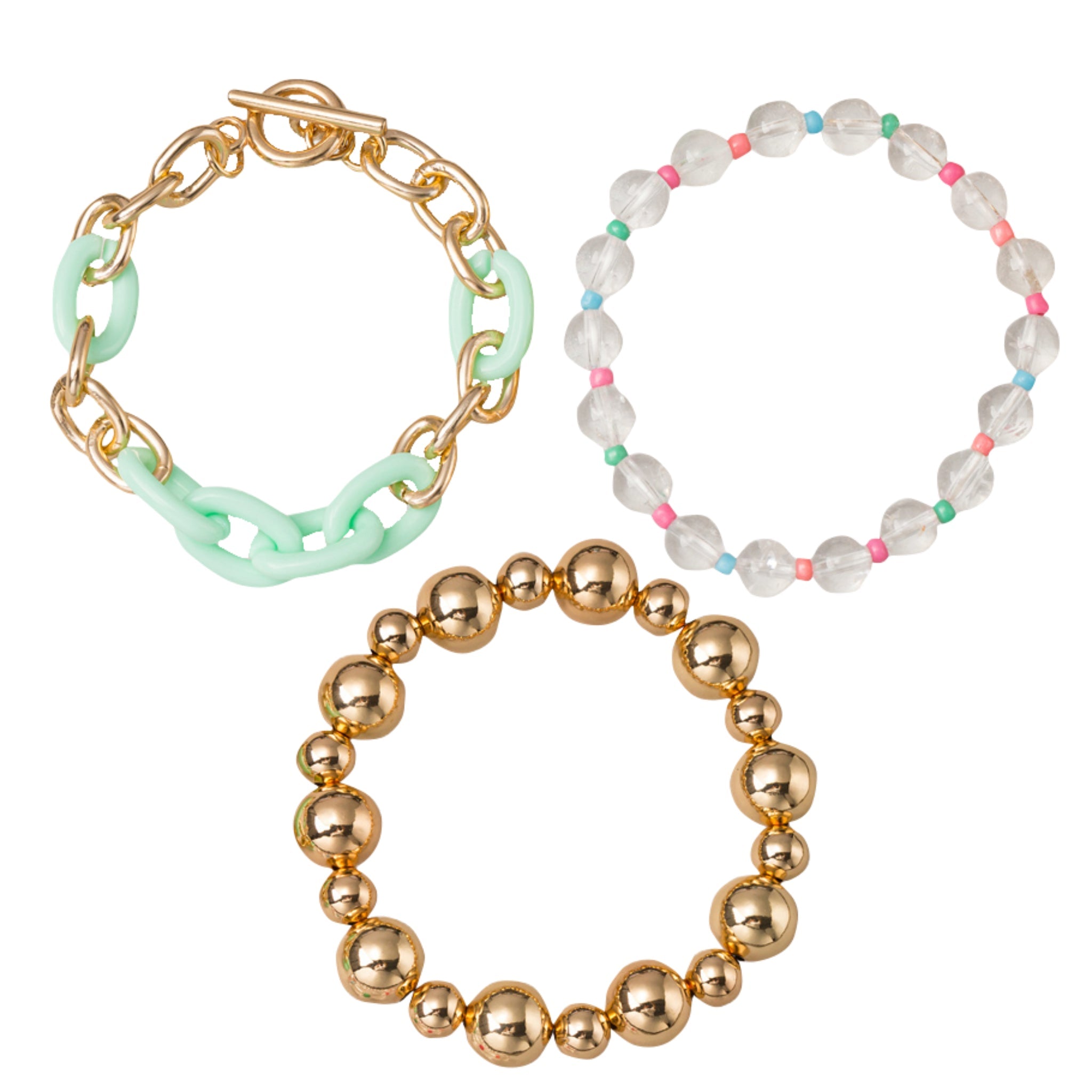 Set of 3, Beaded Gold Ball, Clear & Multi Seed Beads, Mint & Gold Link with Toggle Bracelet