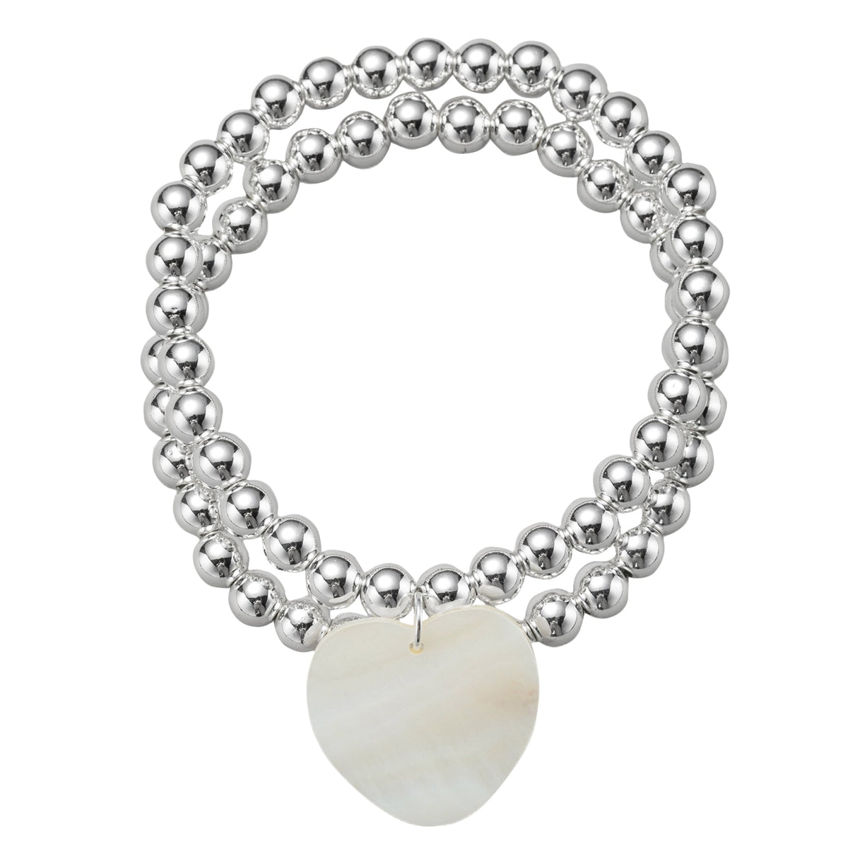 18k Gold Plated Silver Set of 2 Beaded Stretch Bracelet with Shell Heart