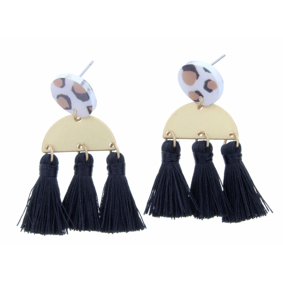 Leopard Circle with Gold Semi Circle and Black Tassels Earring