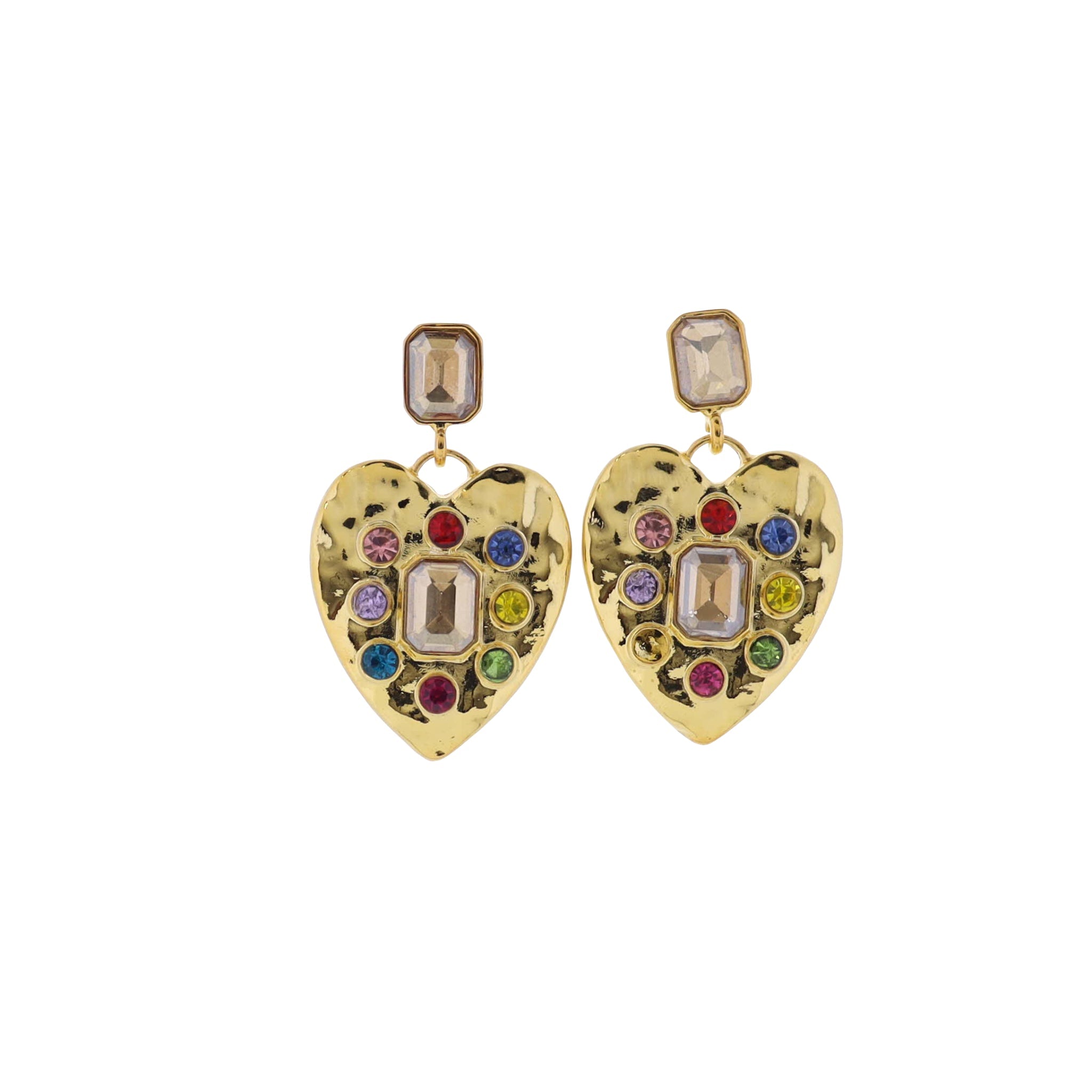 18K Gold Plated Champagne, Gold, Multi Rectangle Crystal Earrings with Crystals in Hammered Heart