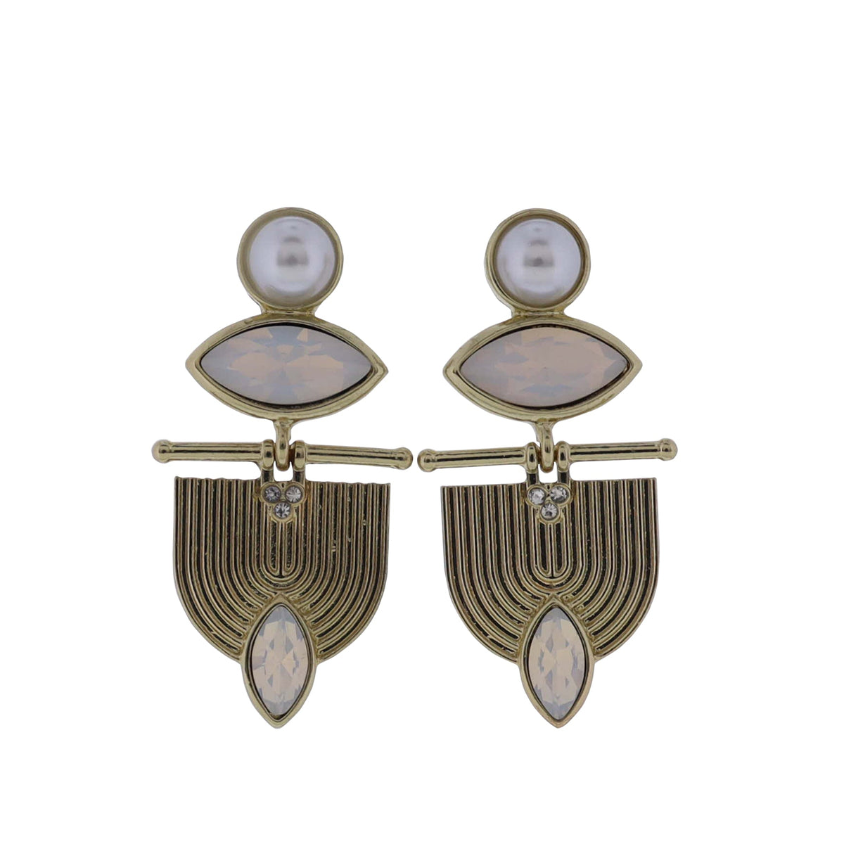 Pearl, Gold, Moonstone, Gold Circle Post Earrings with Moonstone Accents, Gold Textrued Plate