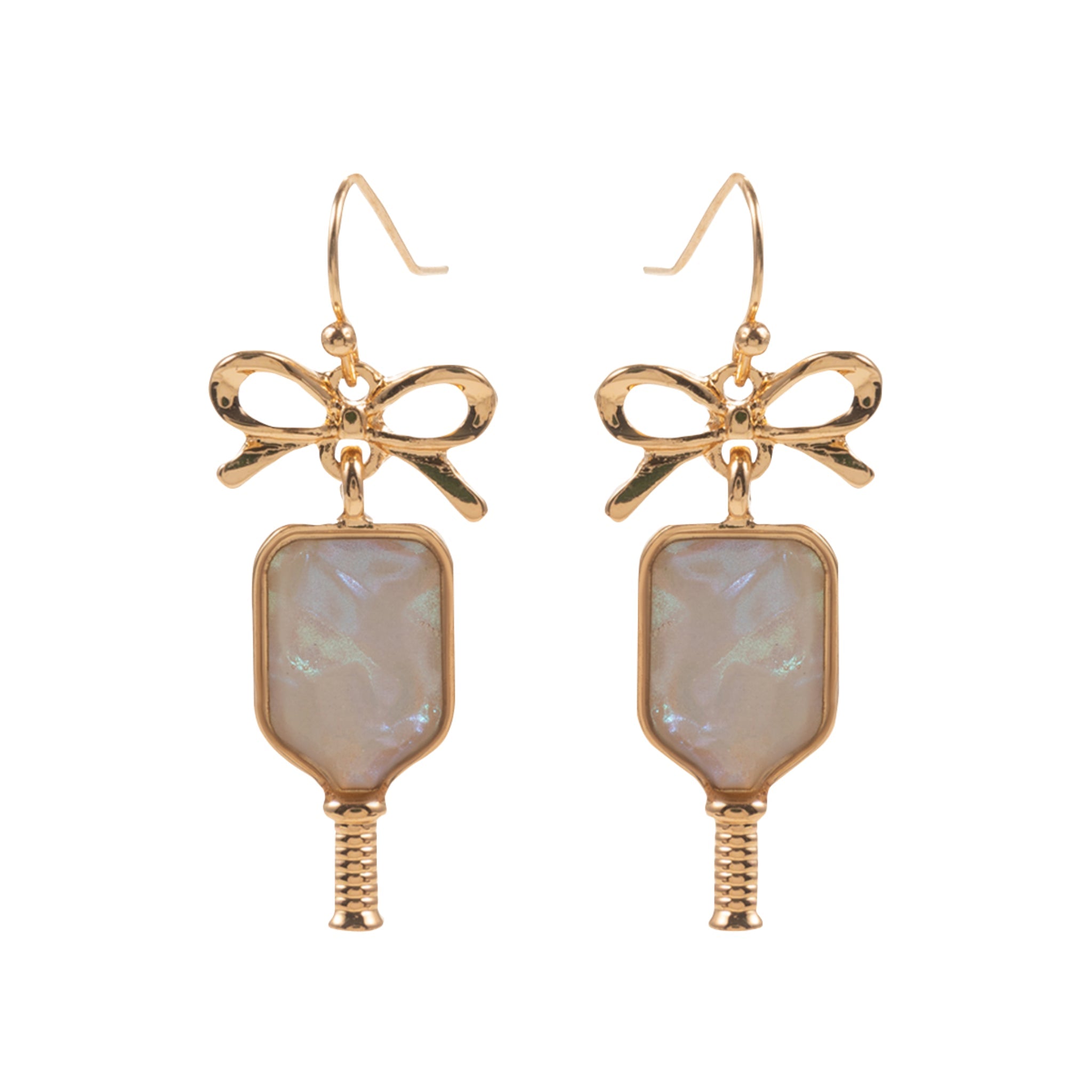 Gold, White Pickleball Paddle Earrings with Bow Post