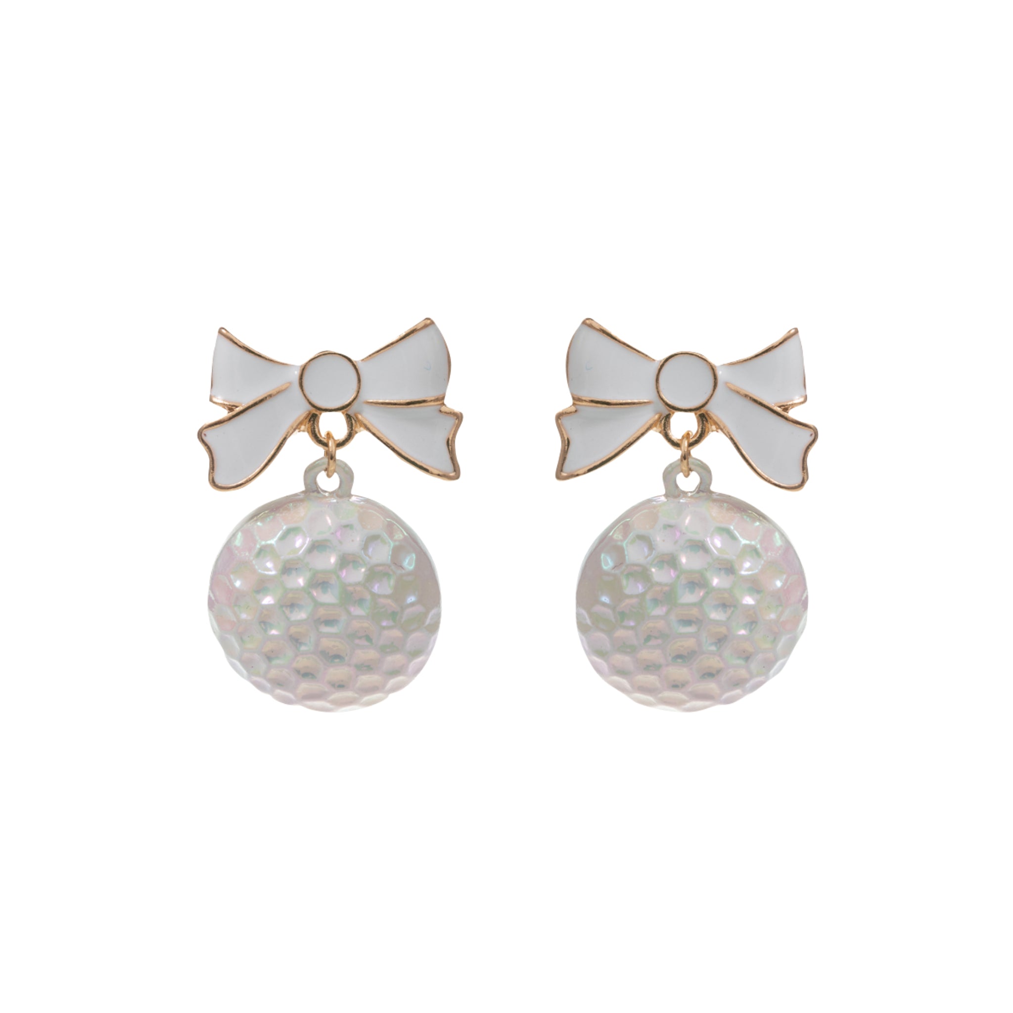 White Golf Ball Earrings with White & Gold Bow
