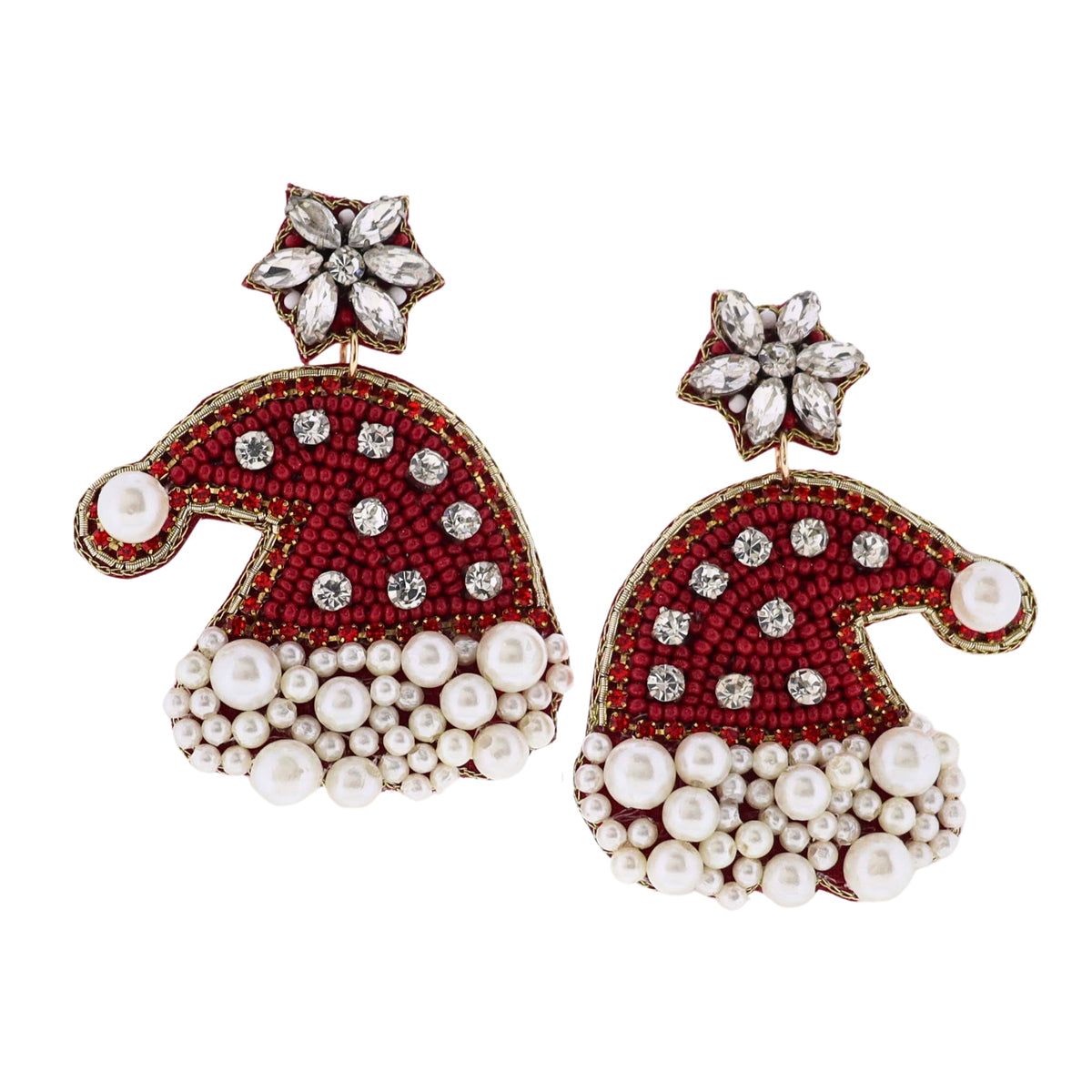 Red & Pearl Beaded Santa Hat Earring