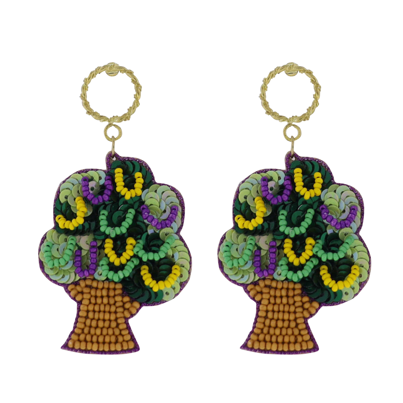 Purple, Green, Yellow Mardi Gras Tree Beaded Earrings - Charming Charlie