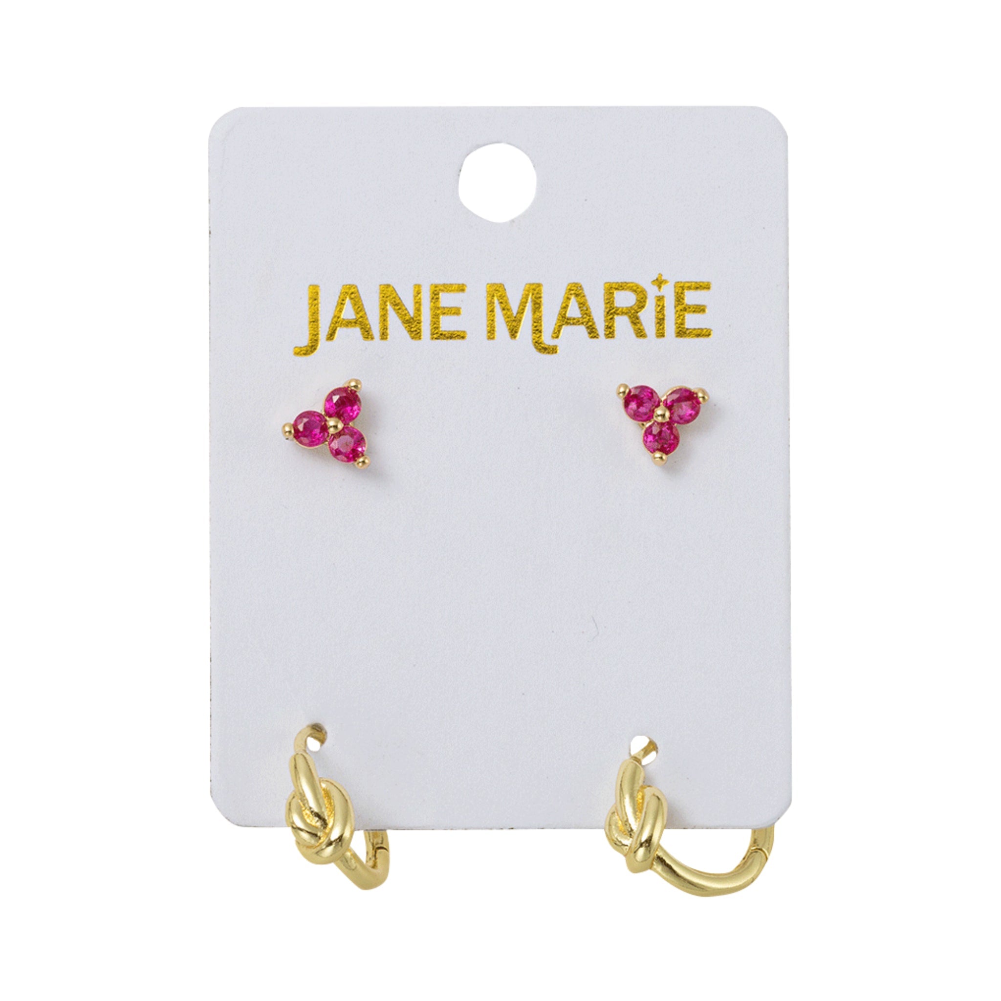 18K Gold Plated Set of 2, Pink Crystal Cluster with Gold Knot Huggie Earring