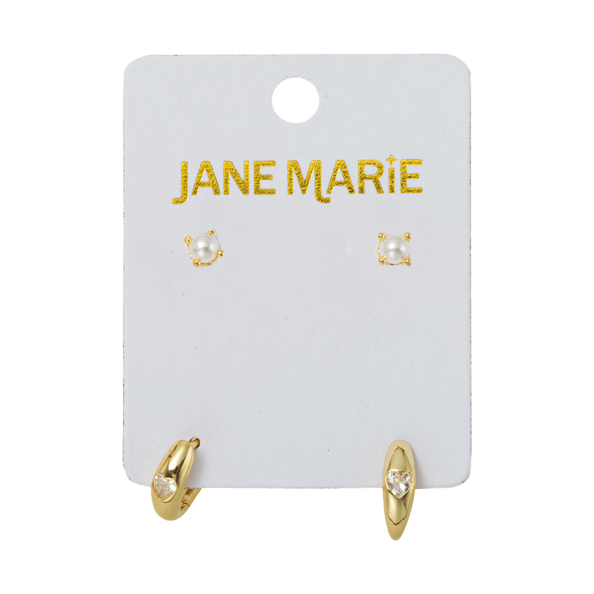 18K Gold Plated Set of 2, Pearl with Clear Crystal Heart Huggie Earring