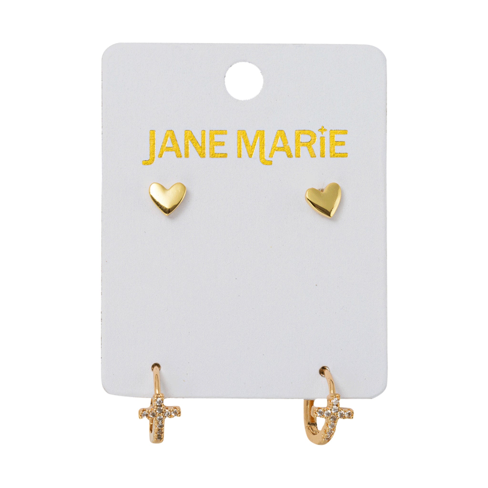 18K Gold Plated Set of 2, Heart with Clear Crystal Cross Huggie Earring