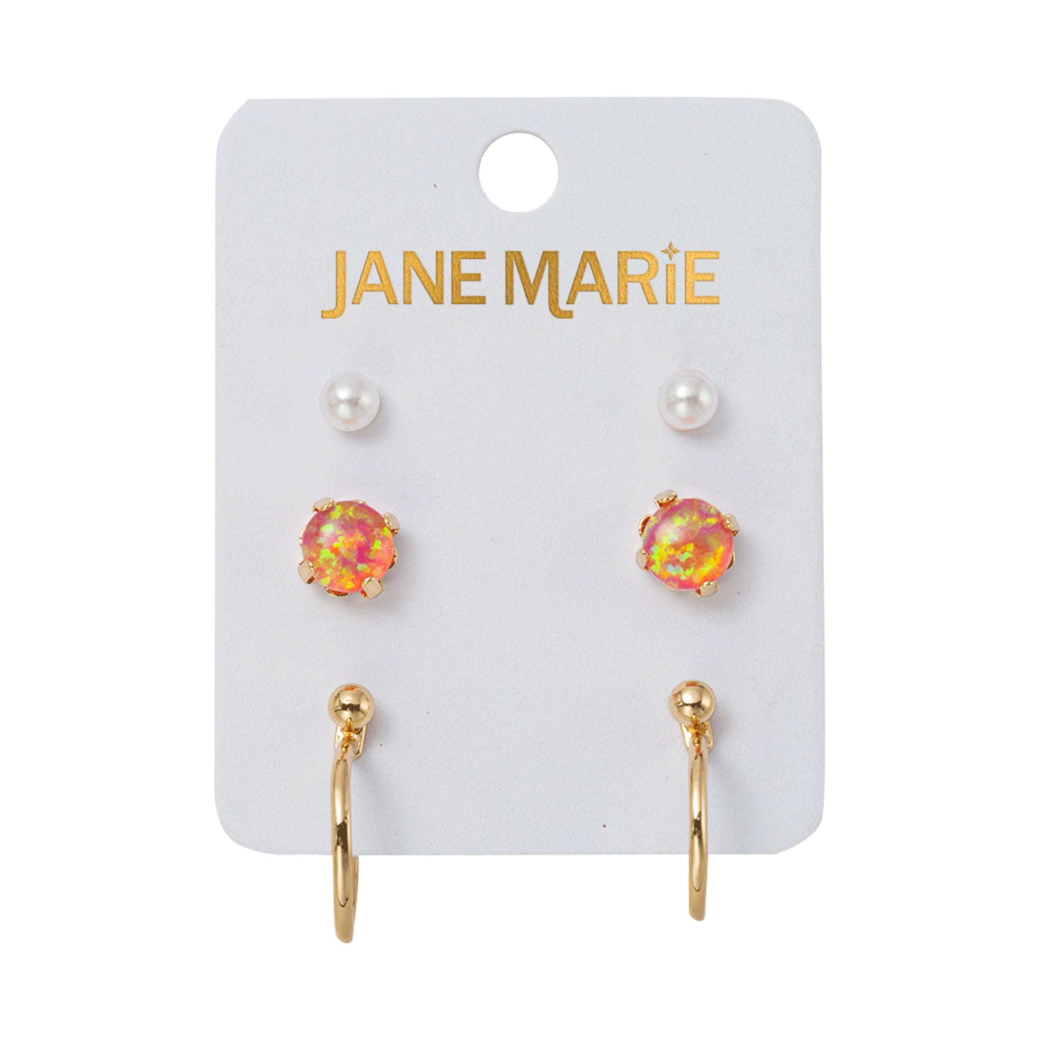 Set of 3 Earrings, Pearl, Pink Opal, Gold Ball with Hoop Jacket
