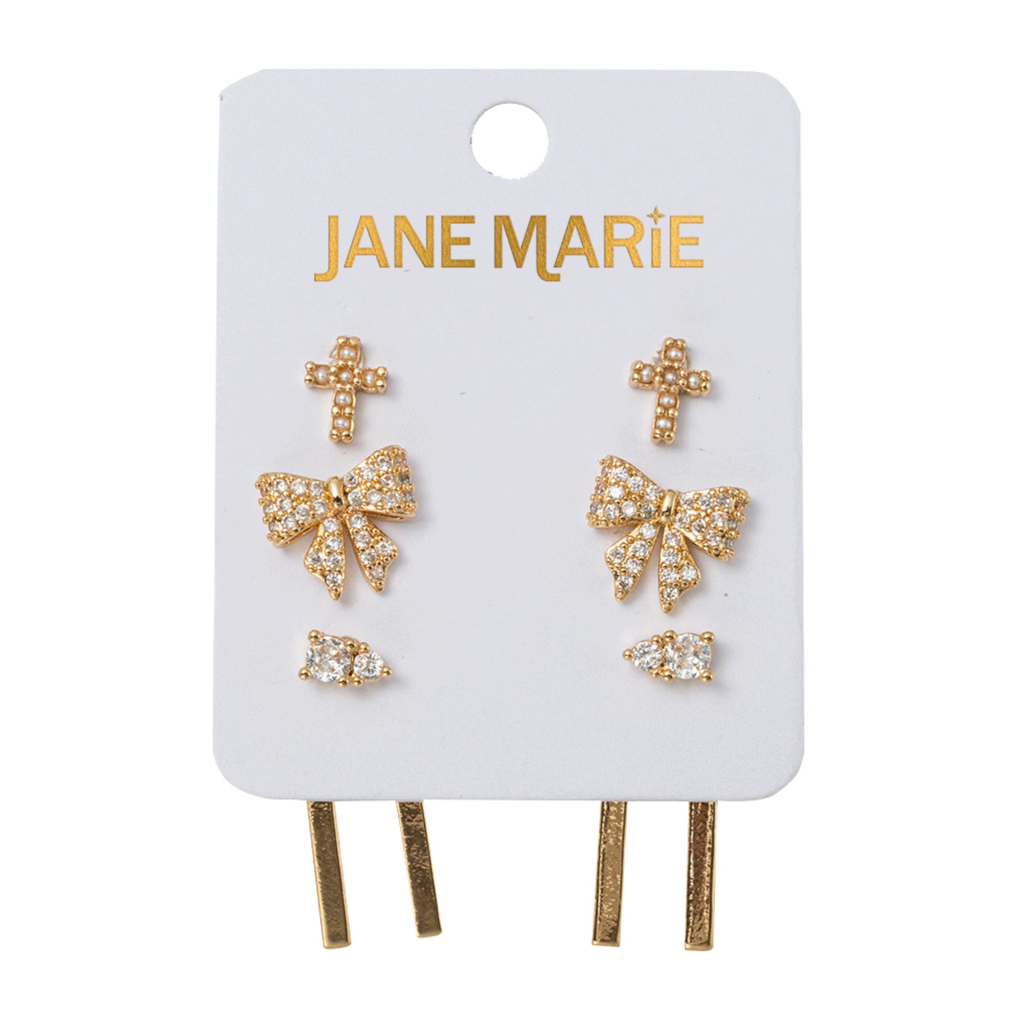 Set of 3 Earrings Pearl Cross, Crystal Bow, Crystal with Double Bar Jacket