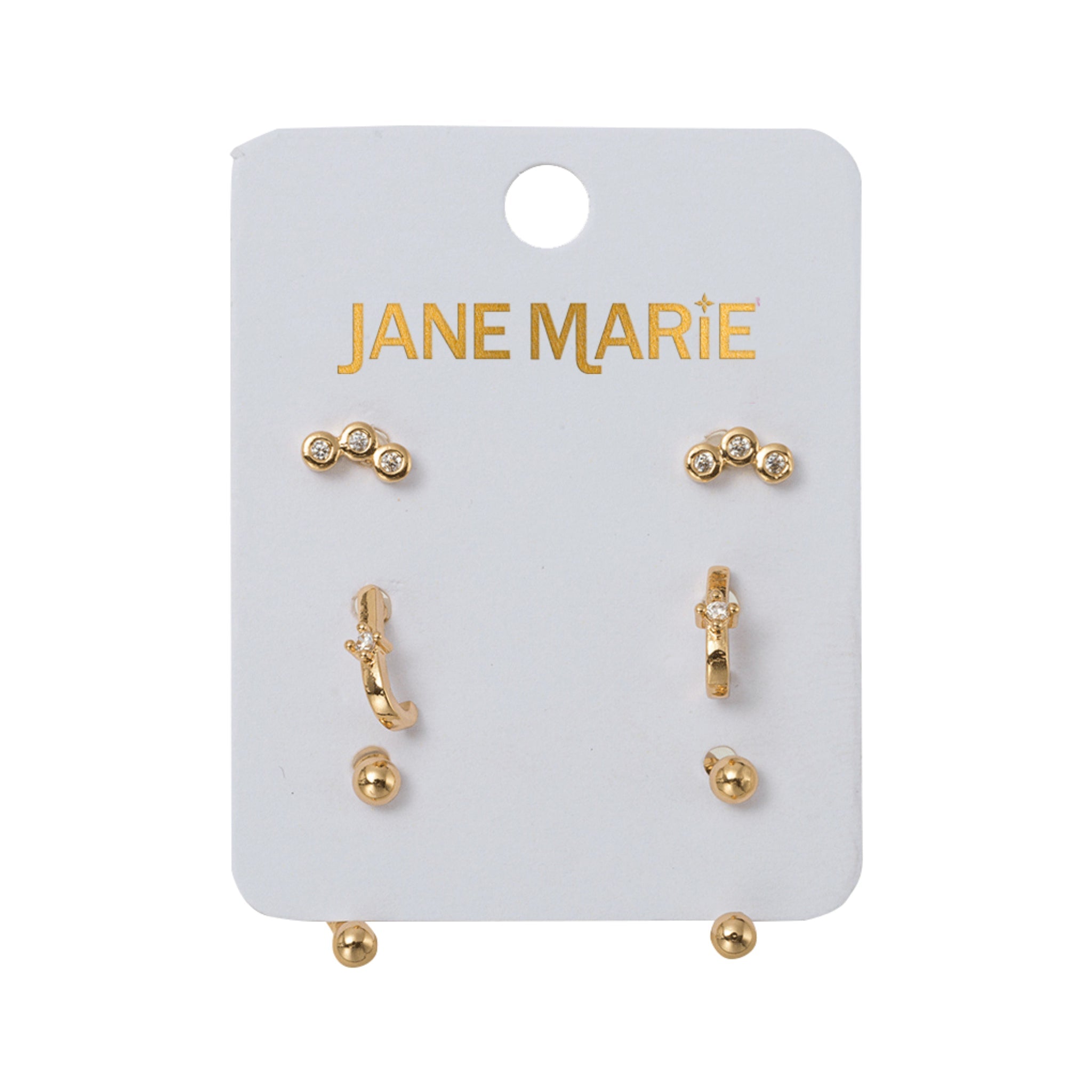 Set of 3 Earrings, 3 Clear Crystals, Crystal Faux Huggie, Gold Ball with Gold Ball Jacket