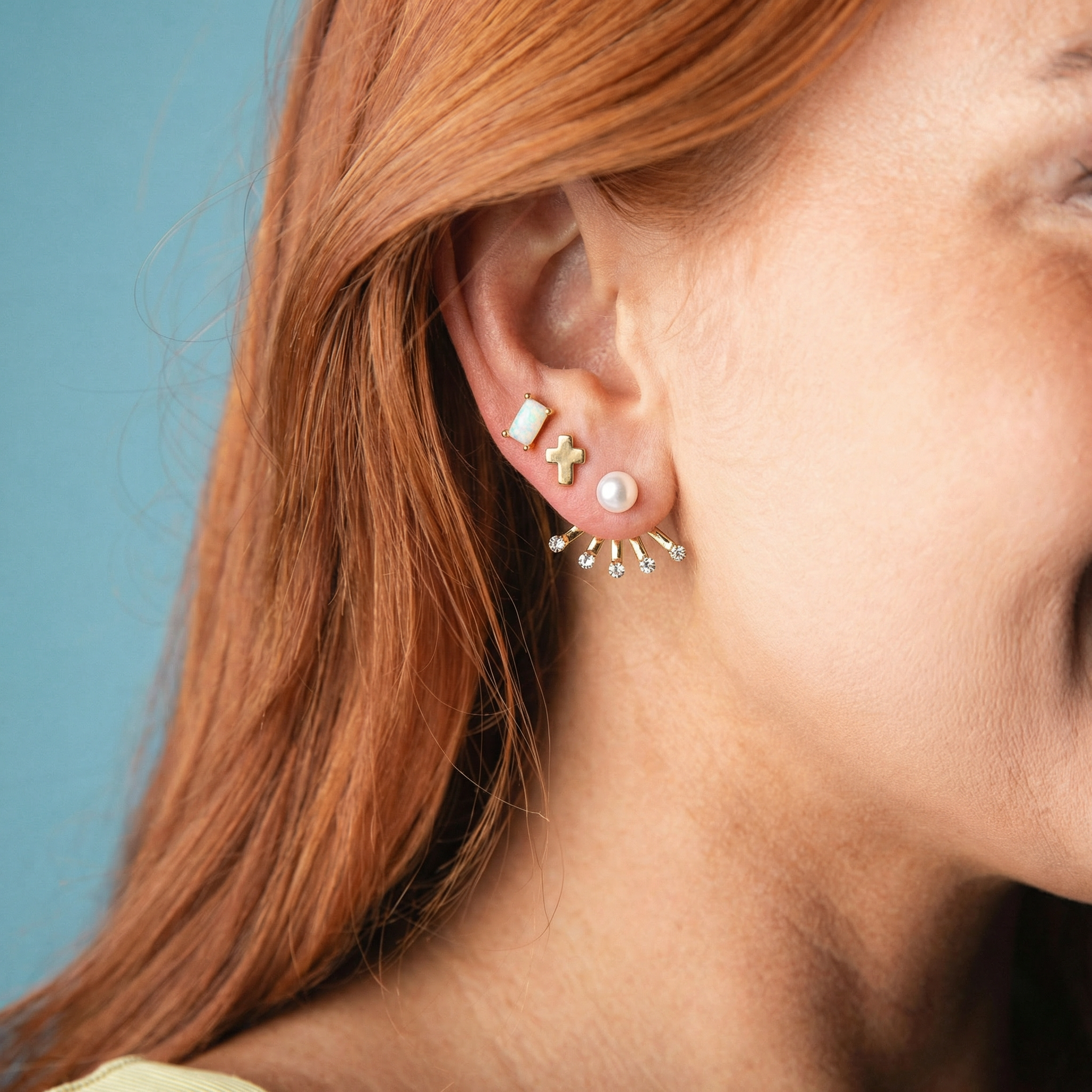 Set of 3 Earrings, Opal Rectangle, Gold Cross, Pearl with Crystal Top Fan Jacket - Charming Charlie