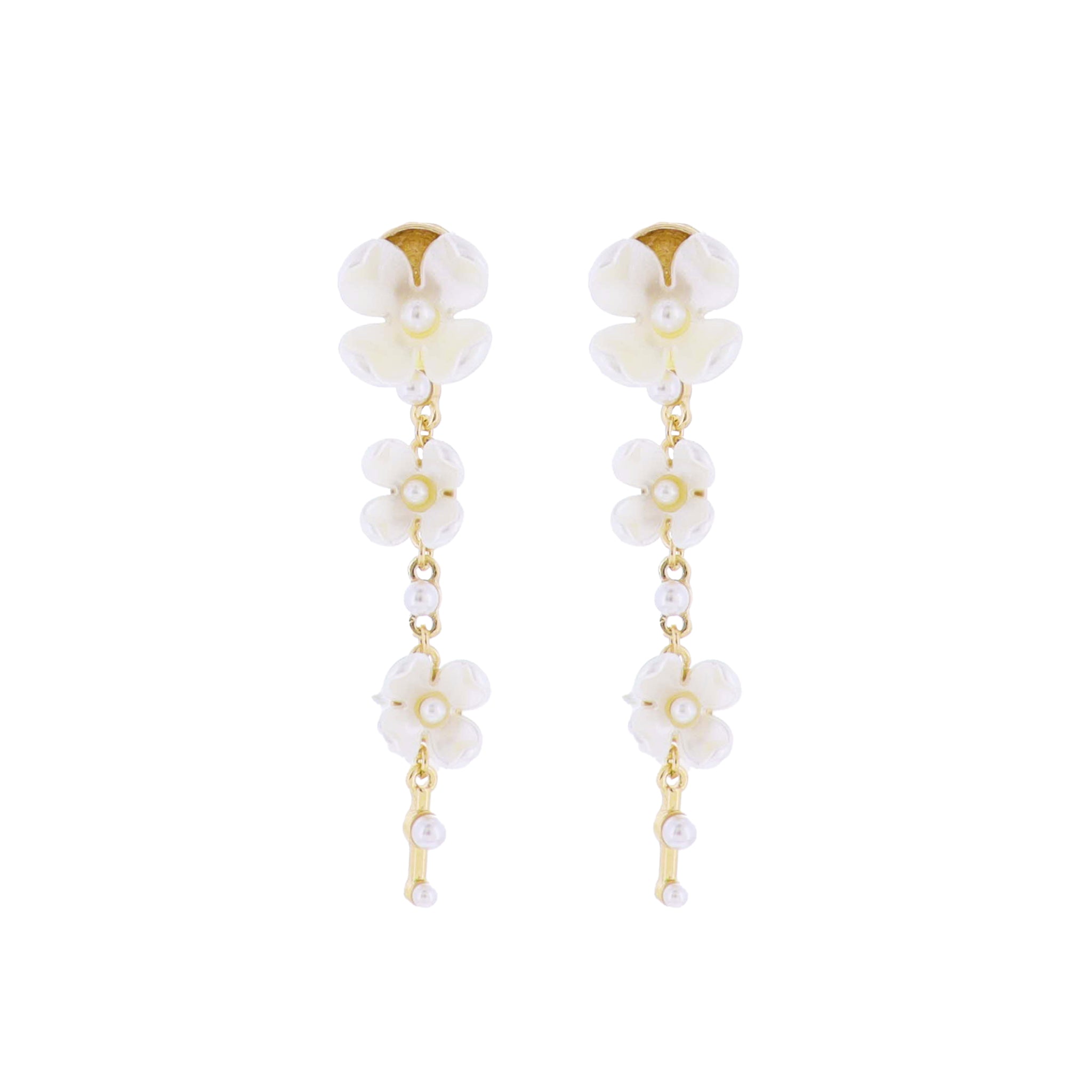 White, Pearl, Gold Falling Flowers with Pearl Bottom Bar Dangle Earring